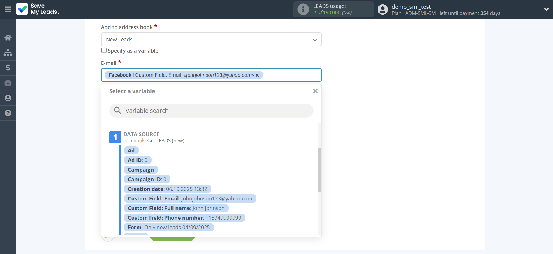 How to Connect Facebook with eSputnik Add Contacts | Assigning fields