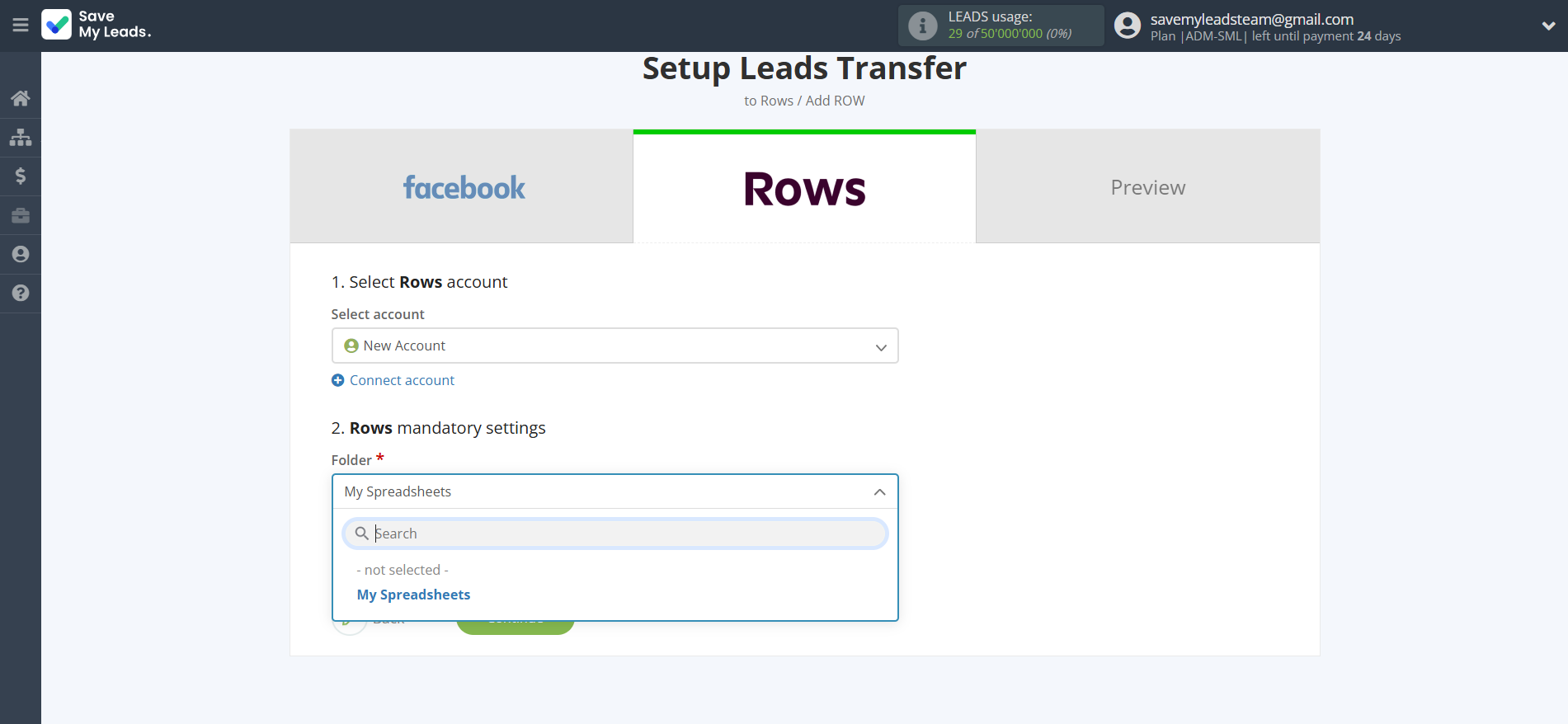 How to Connect Facebook with Rows Add Row | Assigning fields