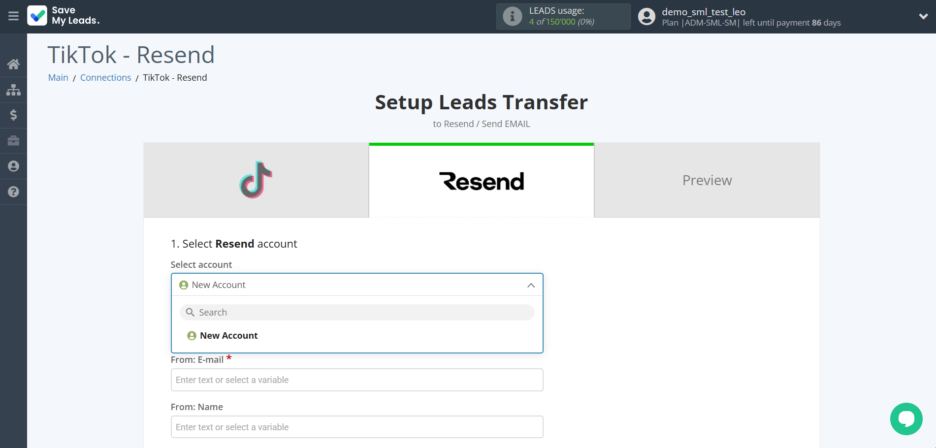 How to Connect TikTok with Resend | Data Destination account selection