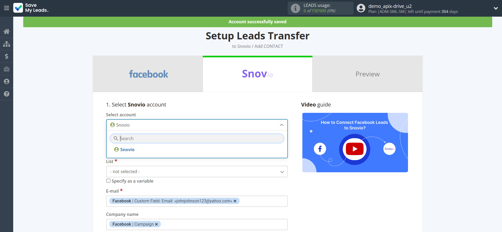 How to Connect Facebook with Snovio Add Contacts | Data Destination account selection
