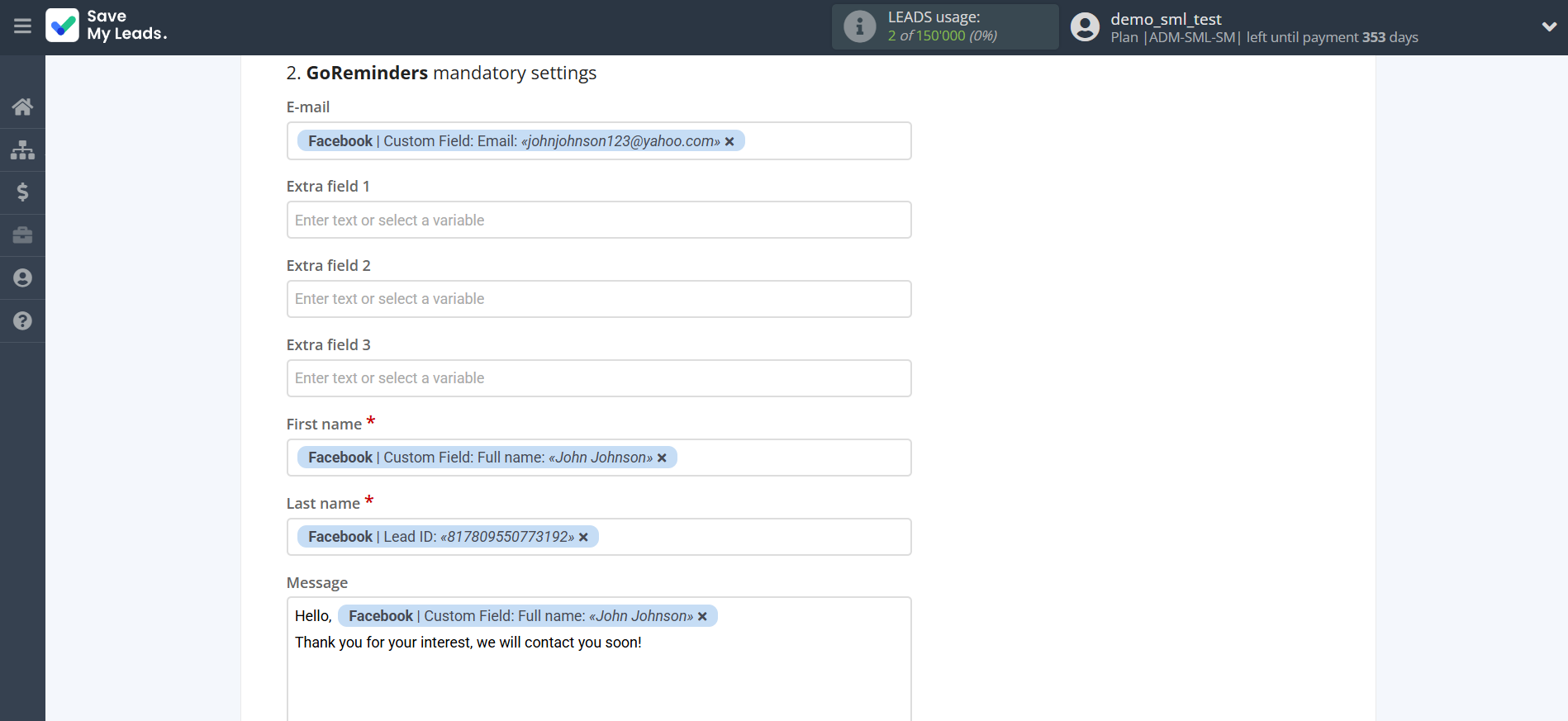 How to Connect Facebook with GoReminders | Assigning fields
