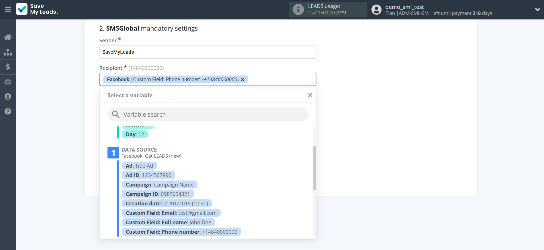 How to Connect Facebook with SMSGlobal | Assigning fields