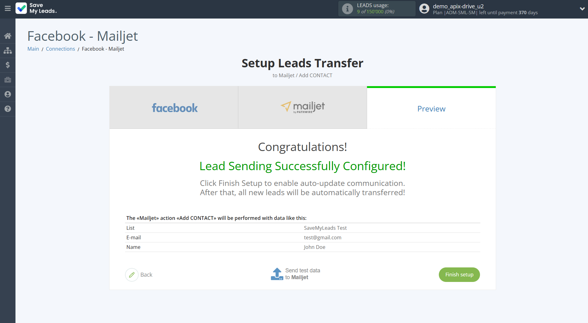 How to Connect Facebook with Mailjet | Test data