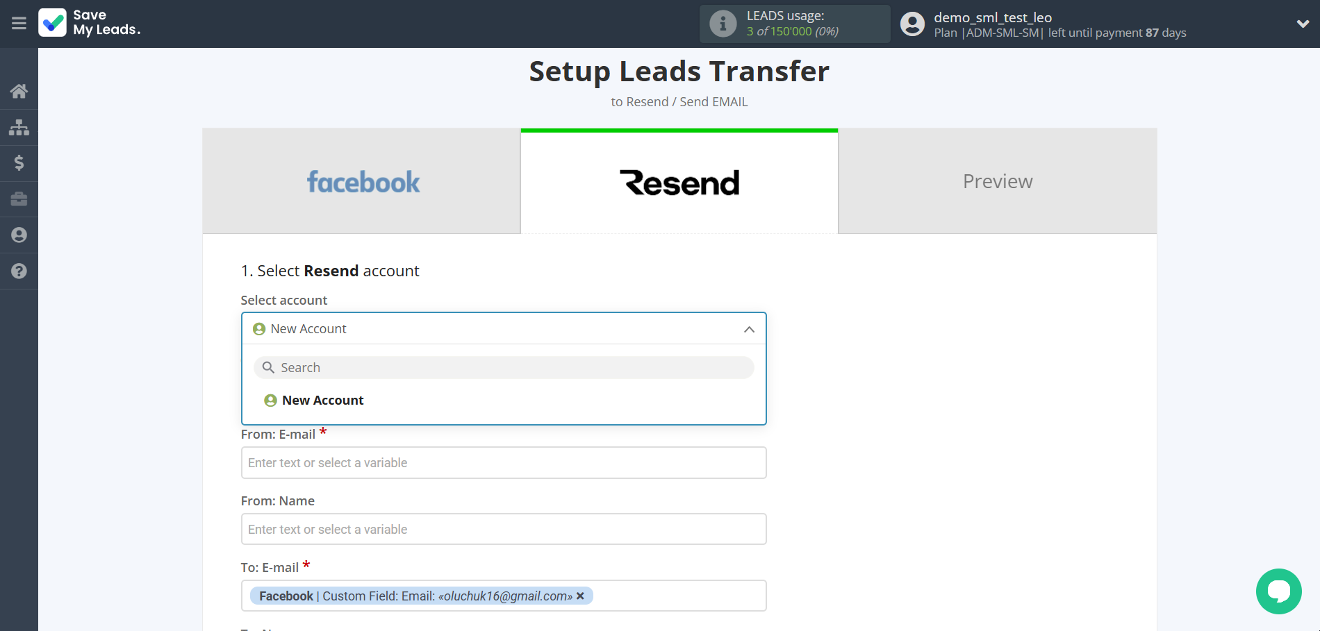 How to Connect Facebook with Resend | Data Destination account selection
