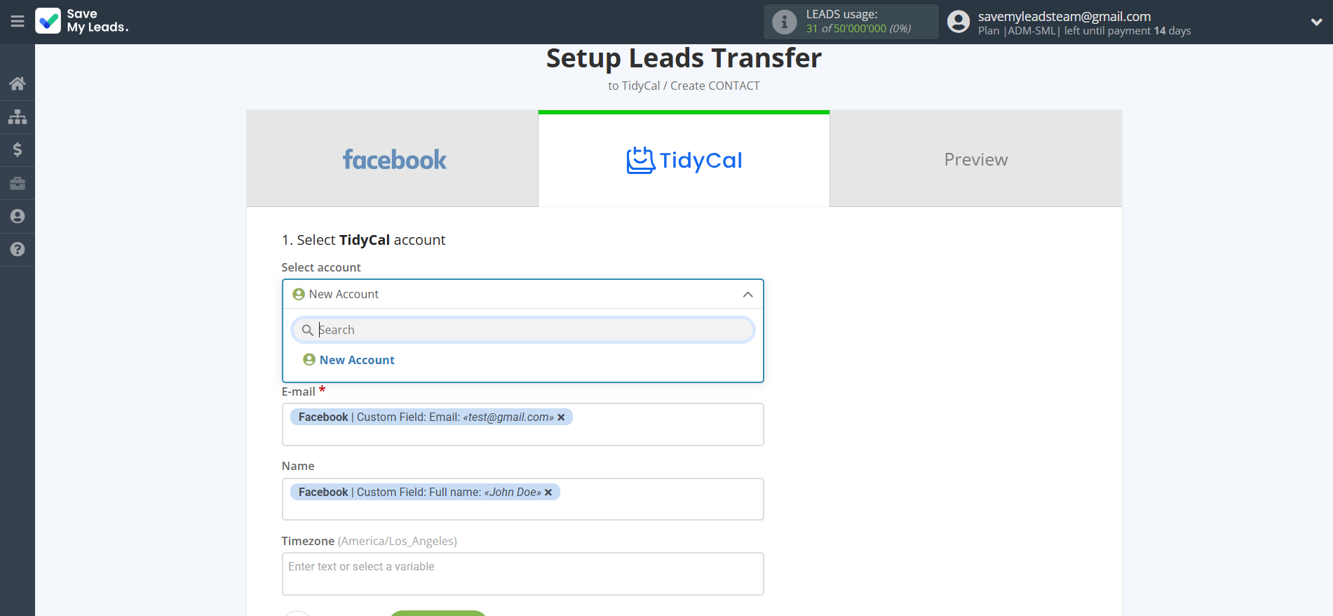 How to Connect Facebook with TidyCal Create Contacts | Data Destination account selection
