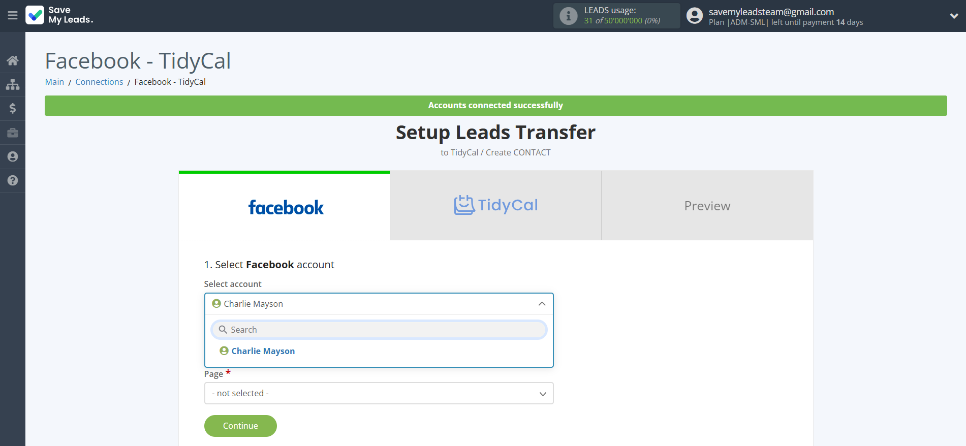 How to Connect Facebook with TidyCal Create Contacts | Data Source account selection