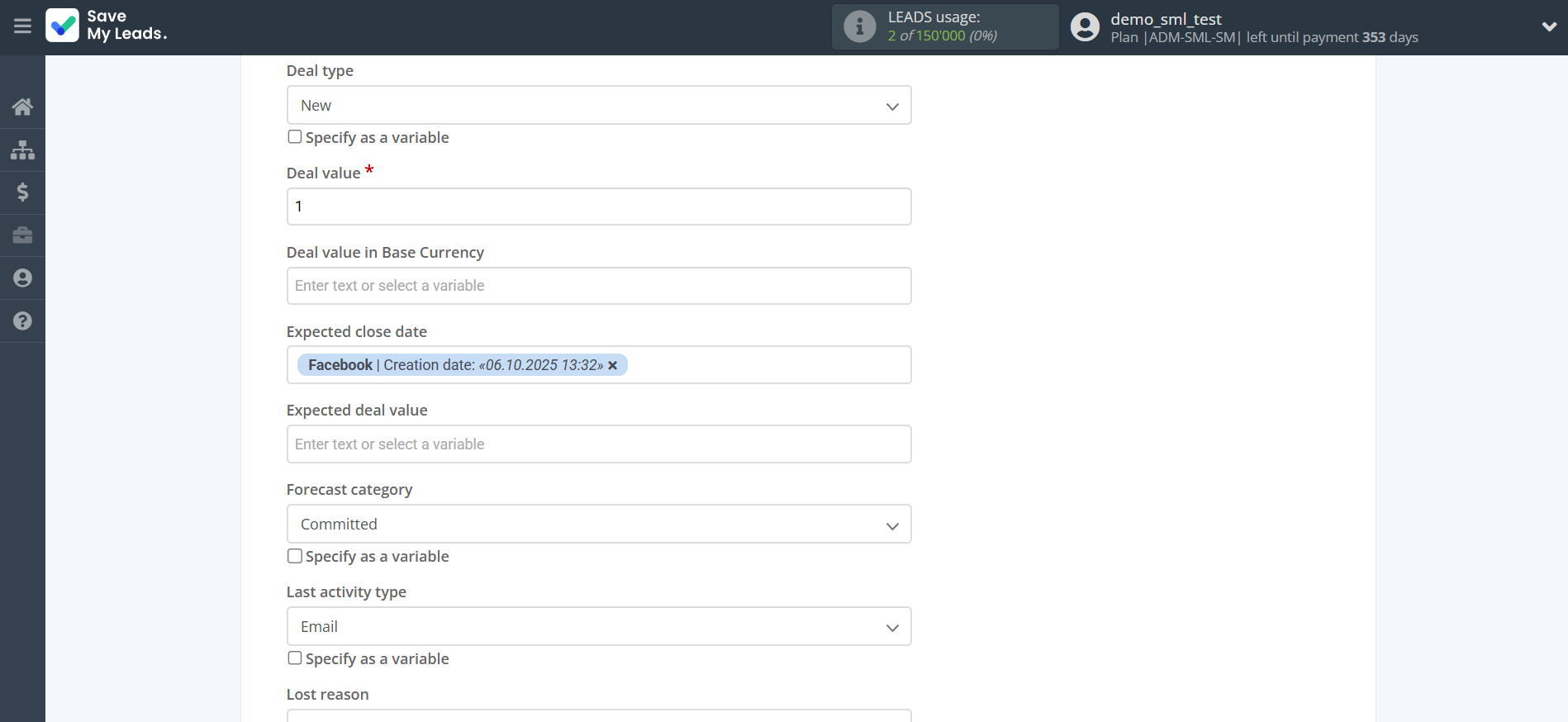 How to Connect Facebook with Freshworks Create Deal | Assigning fields