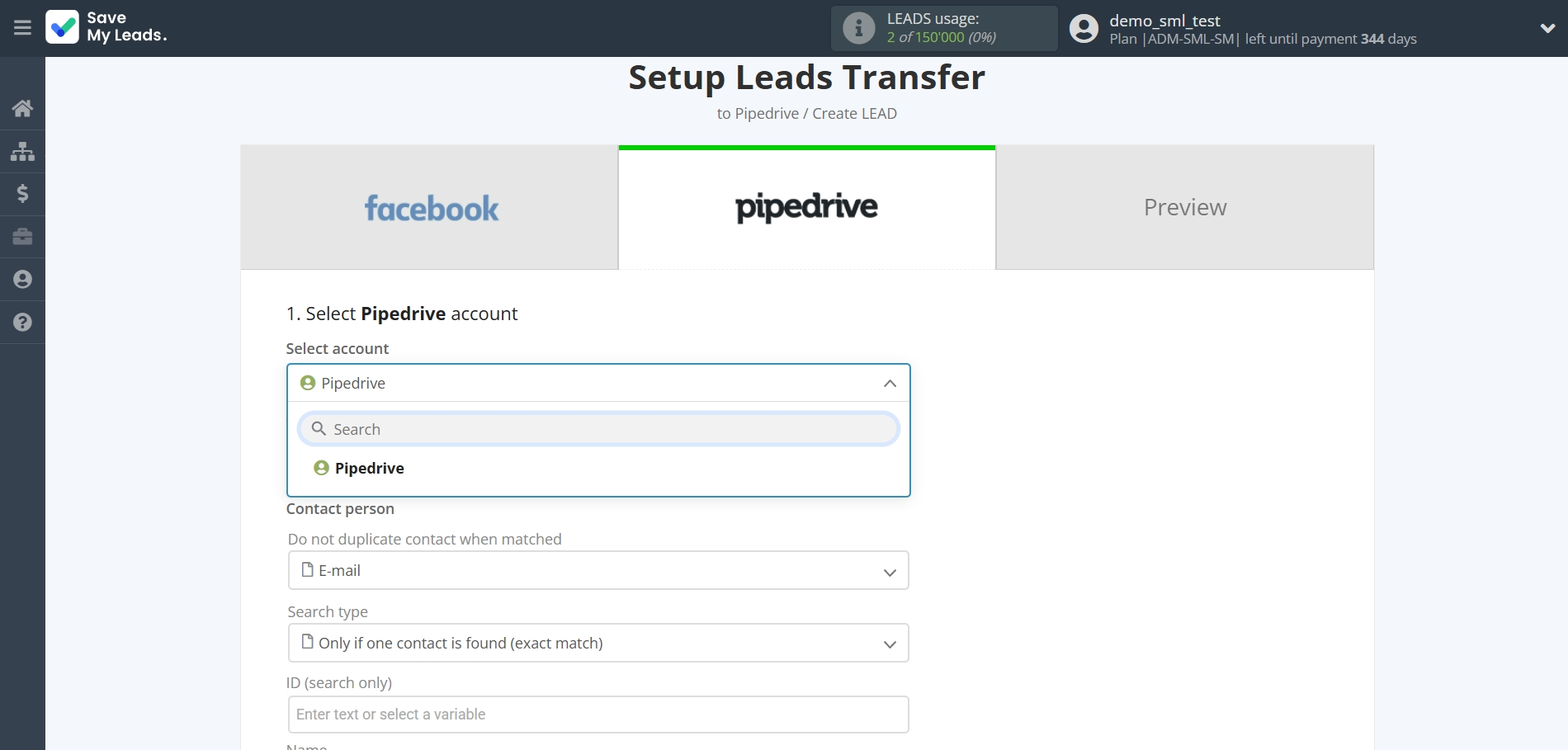 How to Connect Facebook with Pipedrive Create Lead | Data Destination account selection