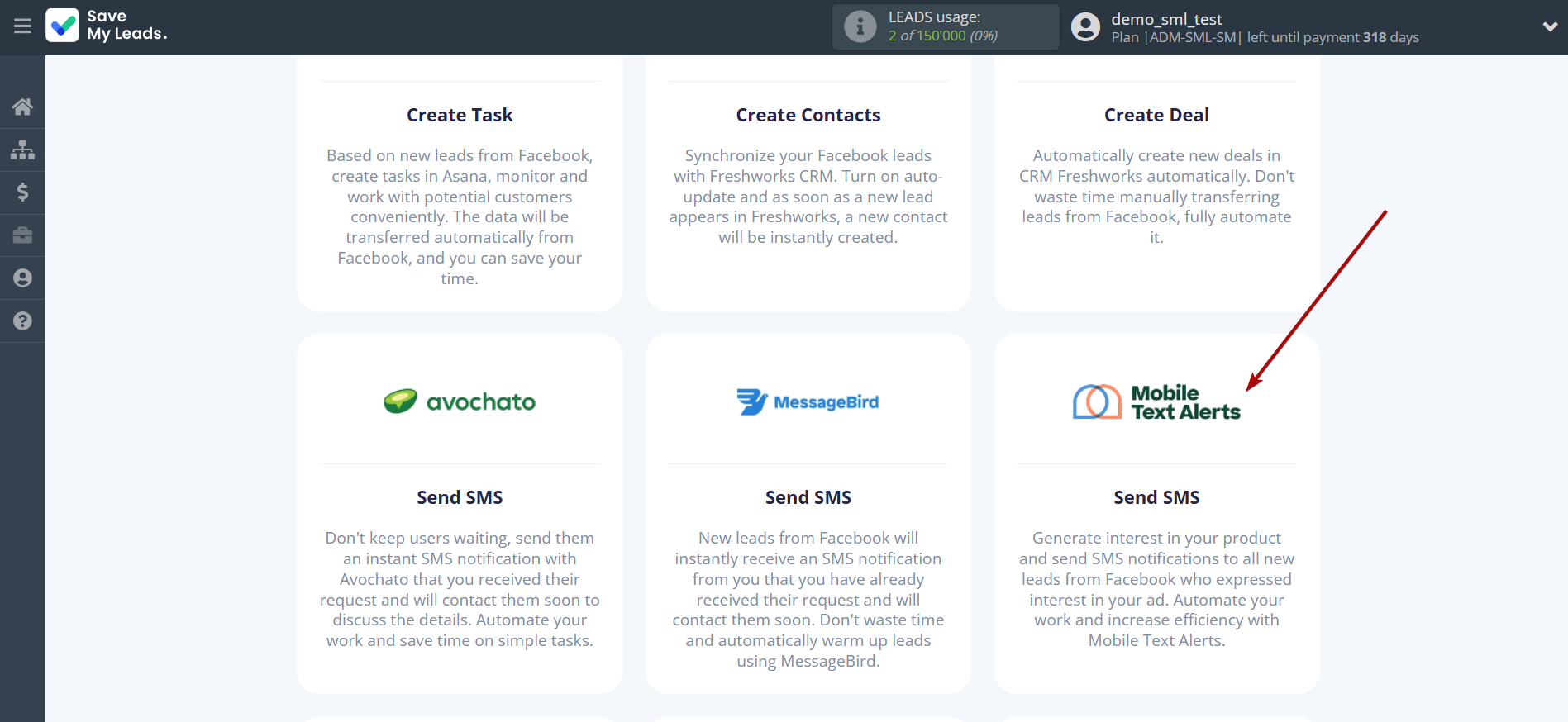 How to Connect Facebook with Mobile Text Alerts | Data Destination system selection