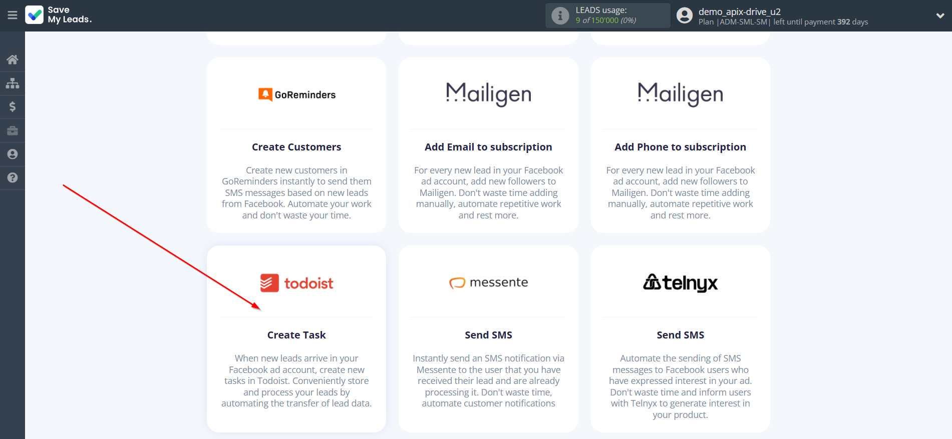 How to Connect Facebook with Todoist | Data Destination system selection