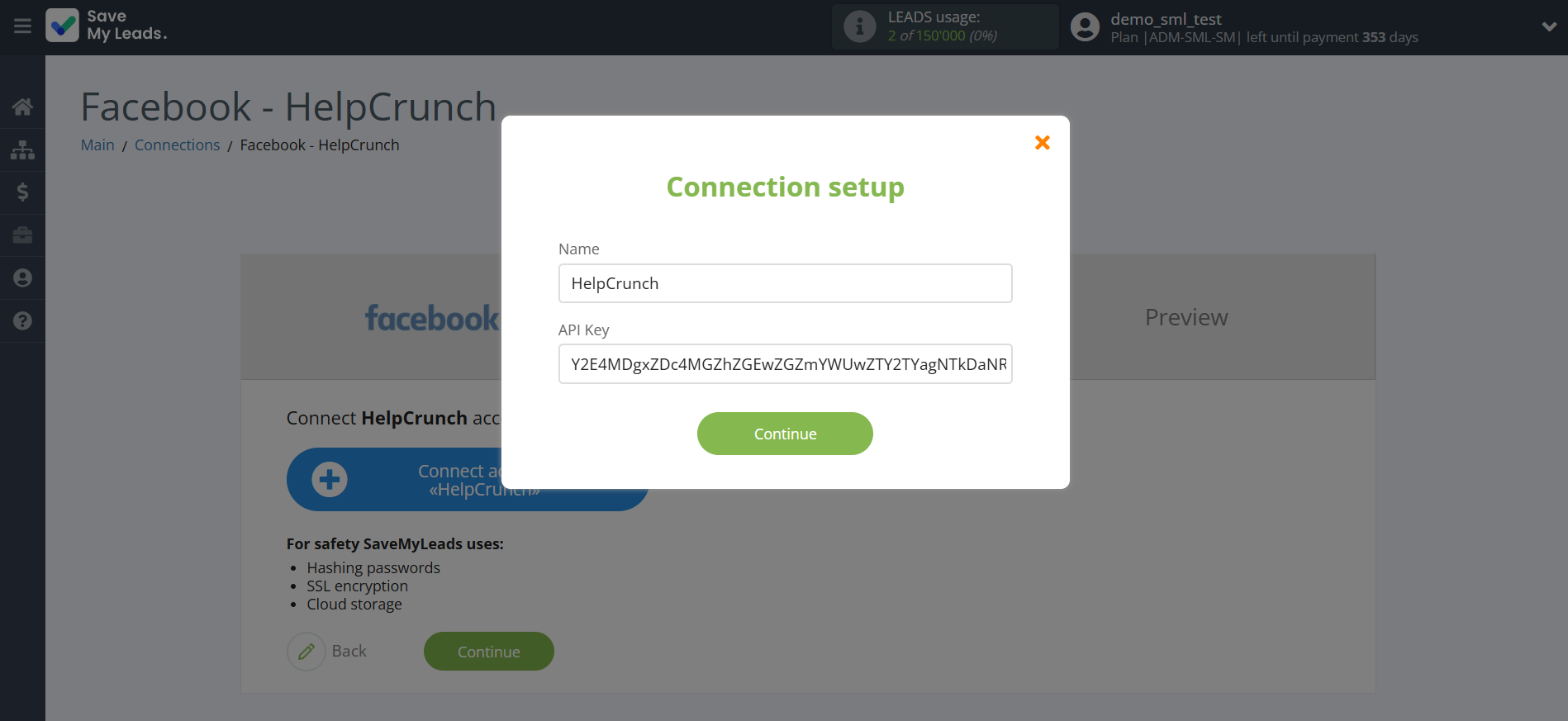 How to Connect Facebook with HelpCrunch Create Contacts | Data Destination account connection How to Connect Facebook with HelpCrunch Create Contacts | Data Destination account connection