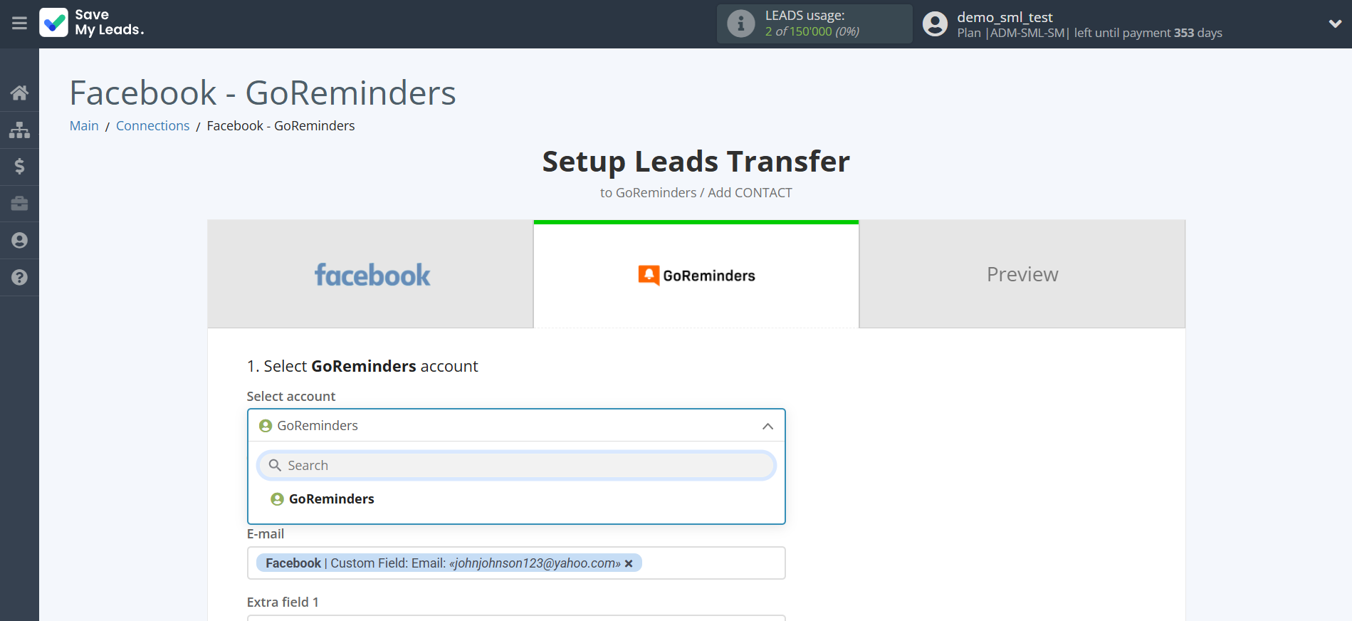 How to Connect Facebook with GoReminders | Data Destination account selection