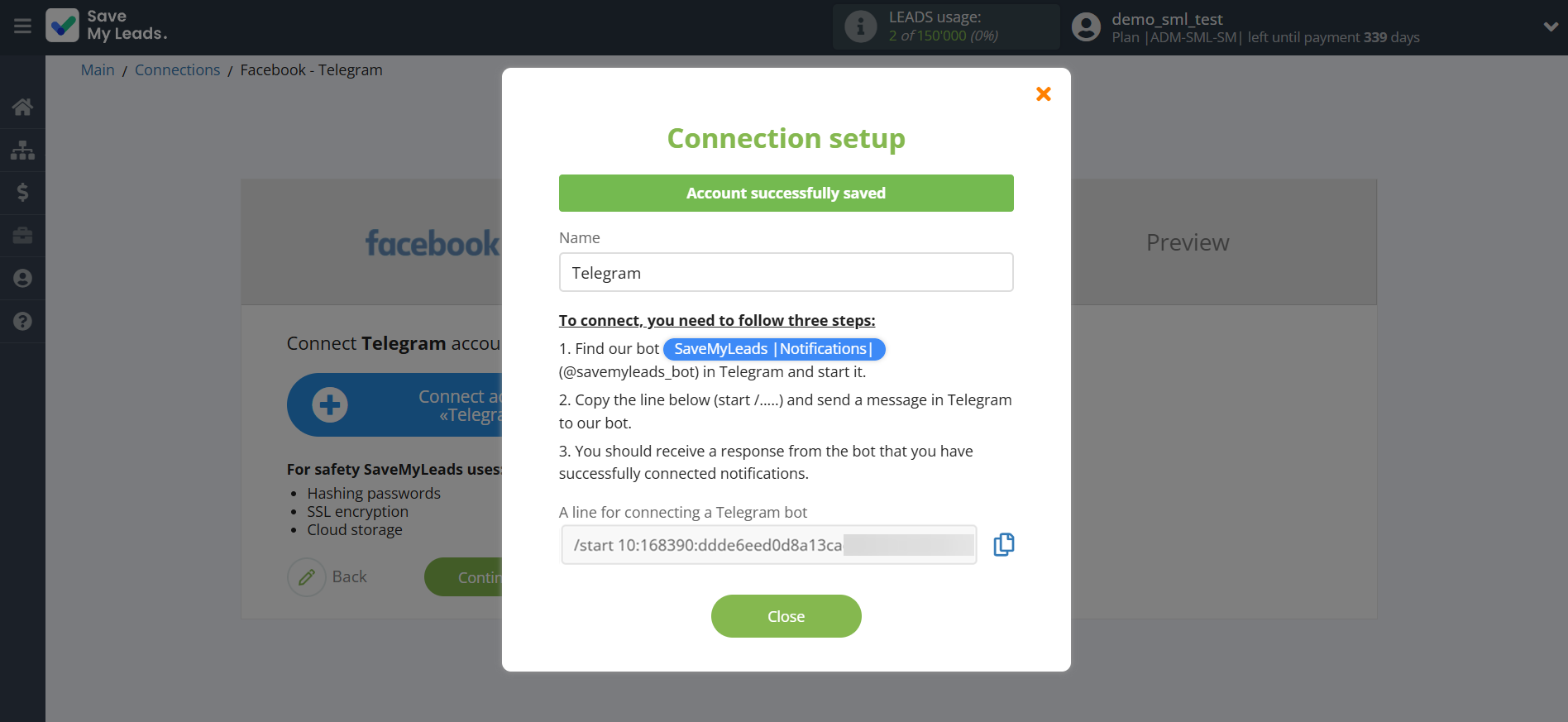 How to Connect Facebook with Telegram | Data Destination account connection