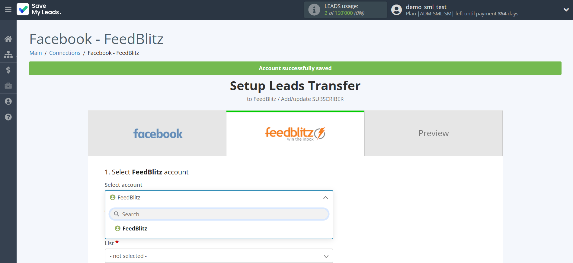 How to Connect Facebook with FeedBlitz | Data Destination account selection