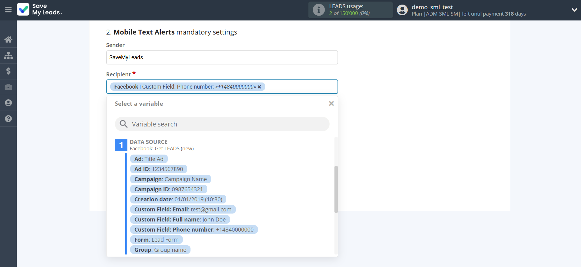 How to Connect Facebook with Mobile Text Alerts | Assigning fields