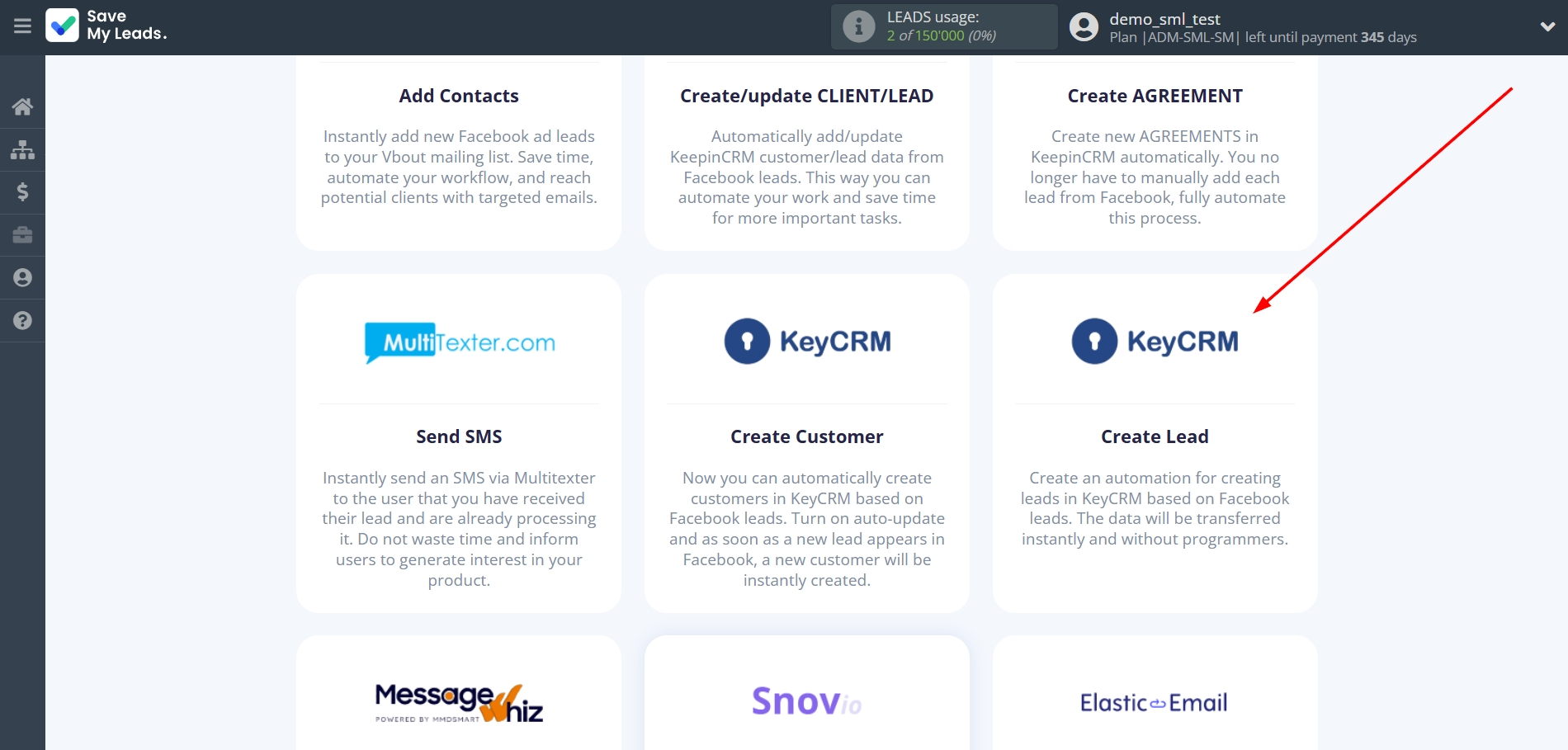 How to Connect Facebook with KeyCRM Create Lead | Data Destination system selection