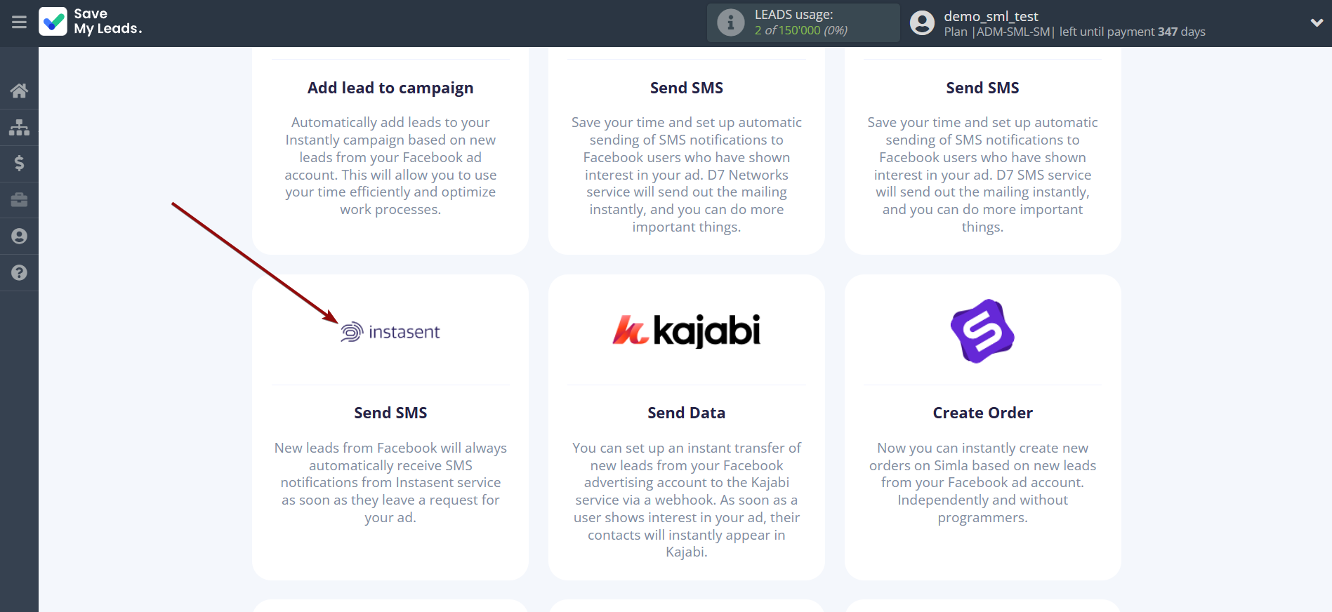 How to Connect Facebook with Instasent | Data Destination system selection