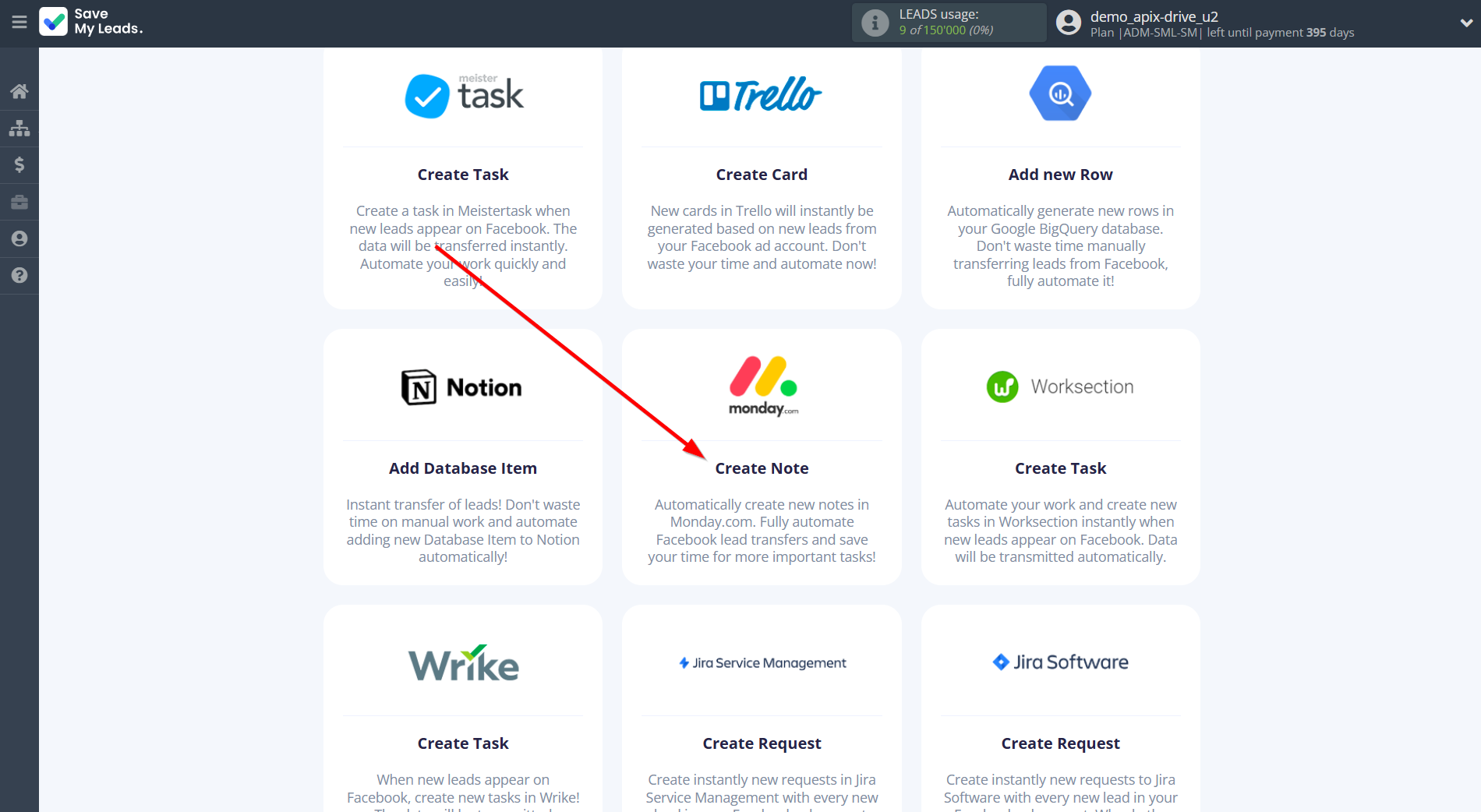 How to Connect Facebook with Monday.com | Data Destination system selection