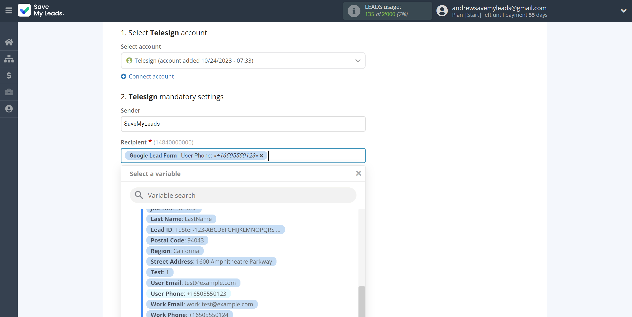 How to Connect Google Lead Form with Telesign | Assigning fields