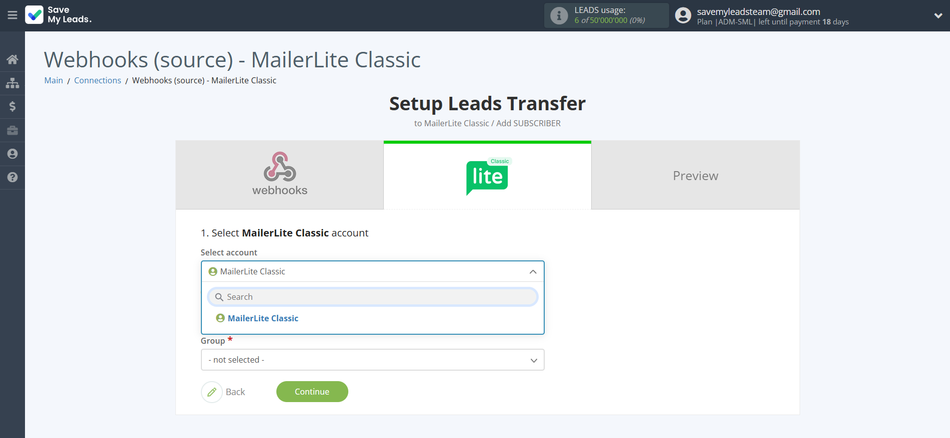 How to Connect Webhooks with MailerLite Classic | Data Destination account selection How to Connect Webhooks with MailerLite Classic | Data Destination account selection