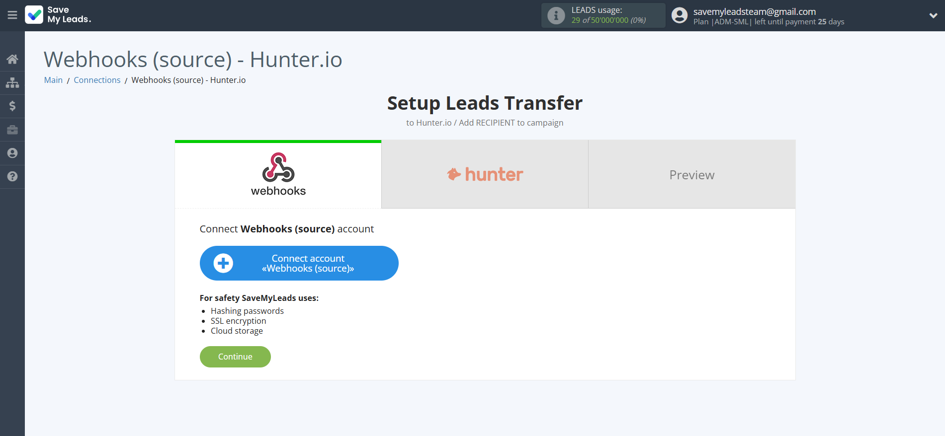 How to Connect Webhooks with Hunter.io | Data Source account connection