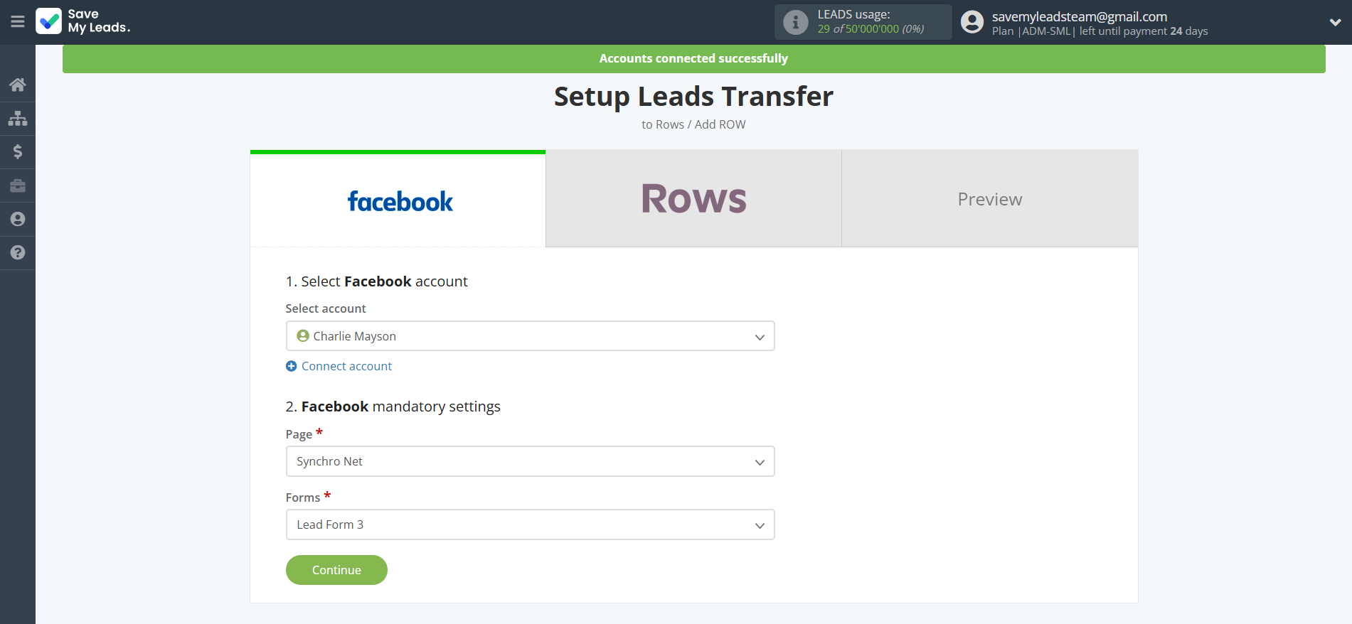 How to Connect Facebook with Rows Add Row | Data Source account connection