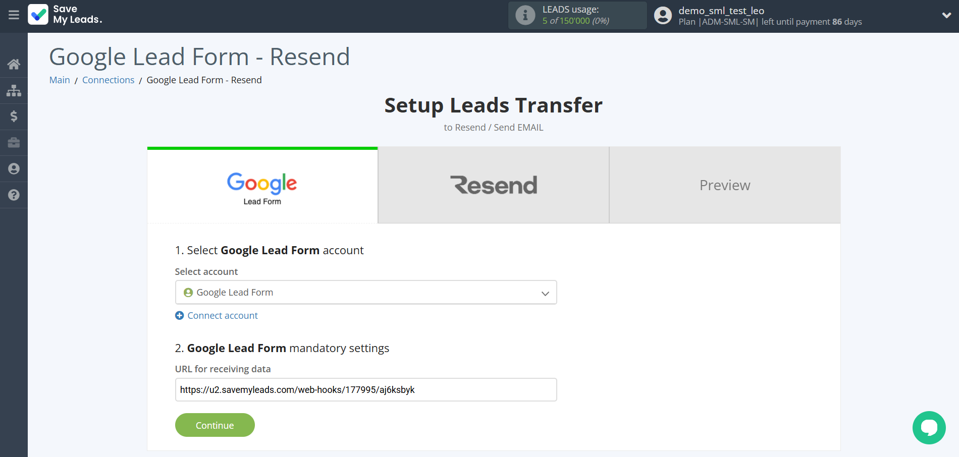 How to Connect Google Lead Form with Resend | Data Source account selectio