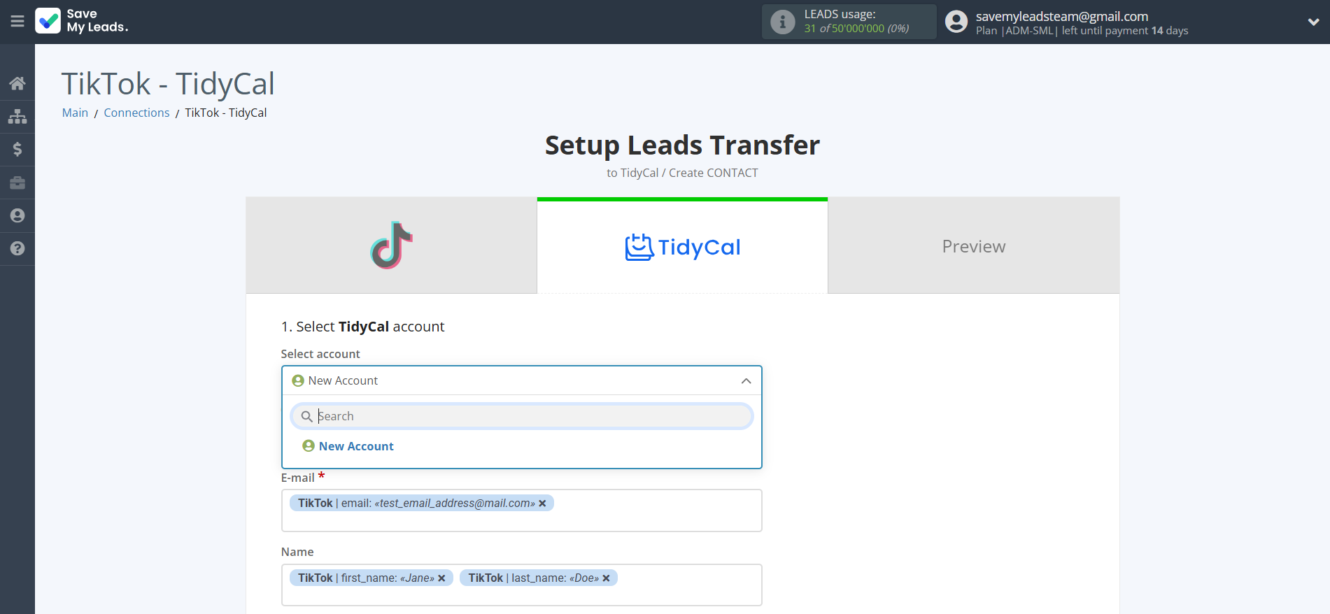 How to Connect TikTok with TidyCal Create Contacts | Data Destination account selection