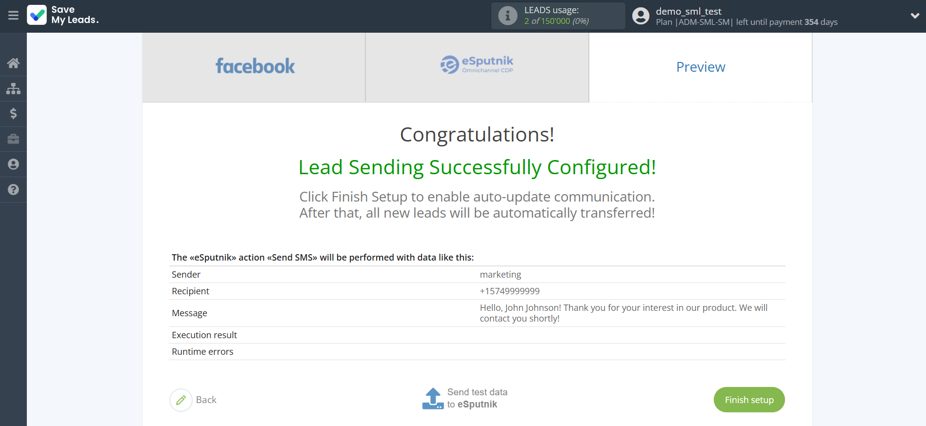 How to Connect Facebook with eSputnik Send SMS | Test data