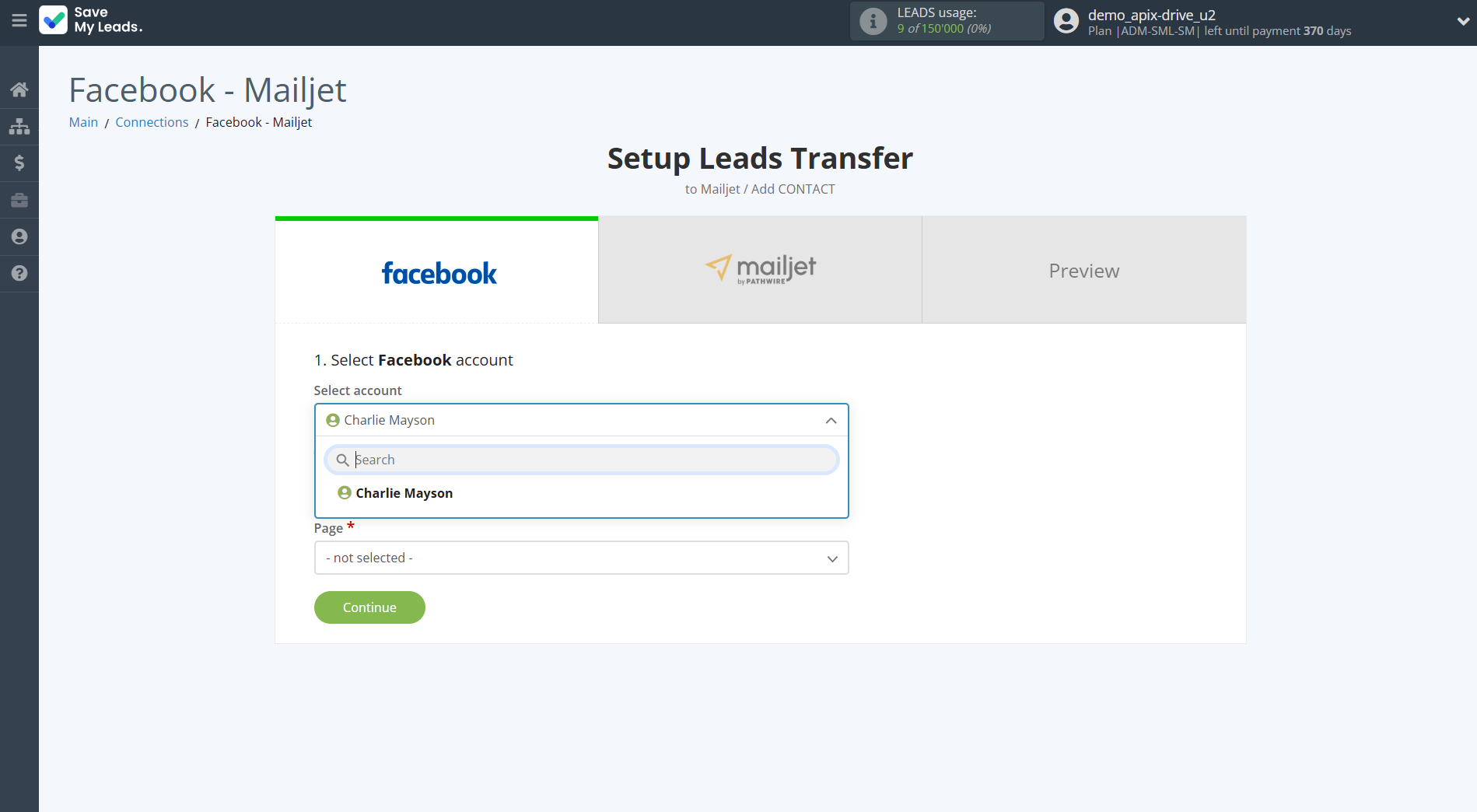 How to Connect Facebook with Mailjet | Data Source account selection