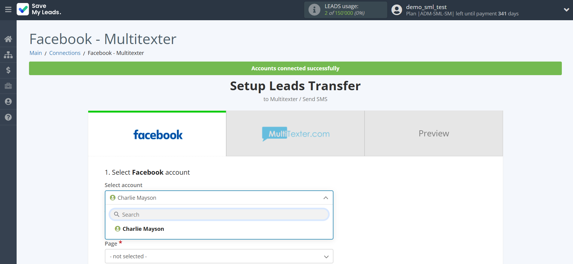 How to Connect Facebook with Multitexter | Data Source account selection