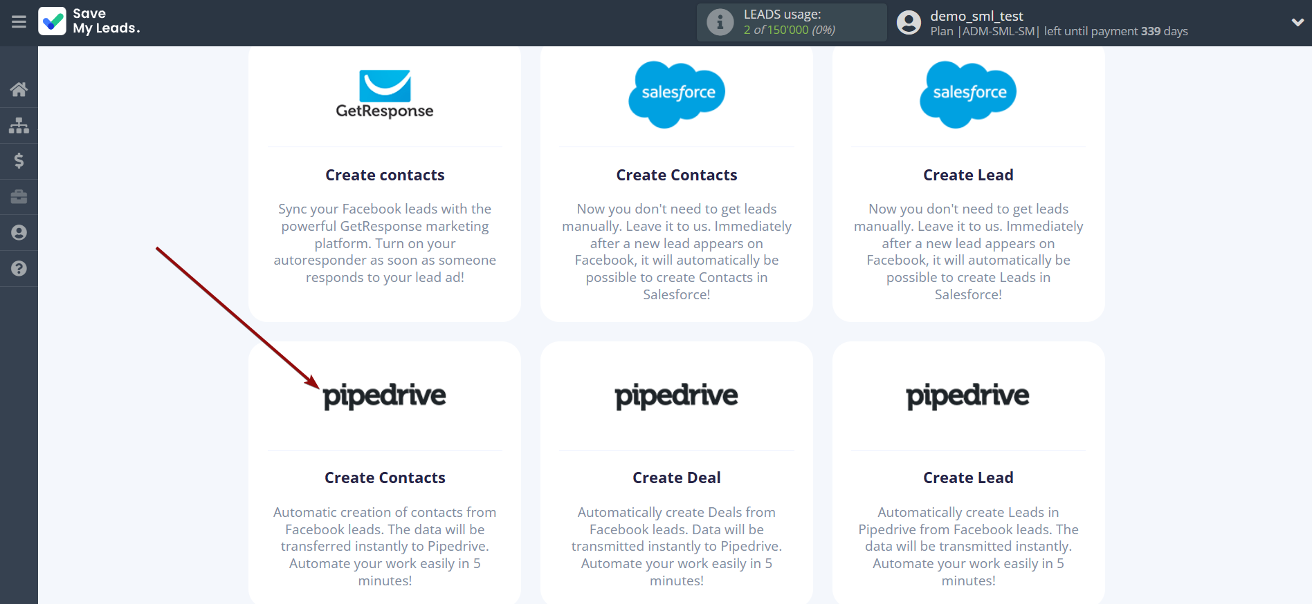 How to Connect Facebook with Pipedrive Create Contacts | Data Destination system selection