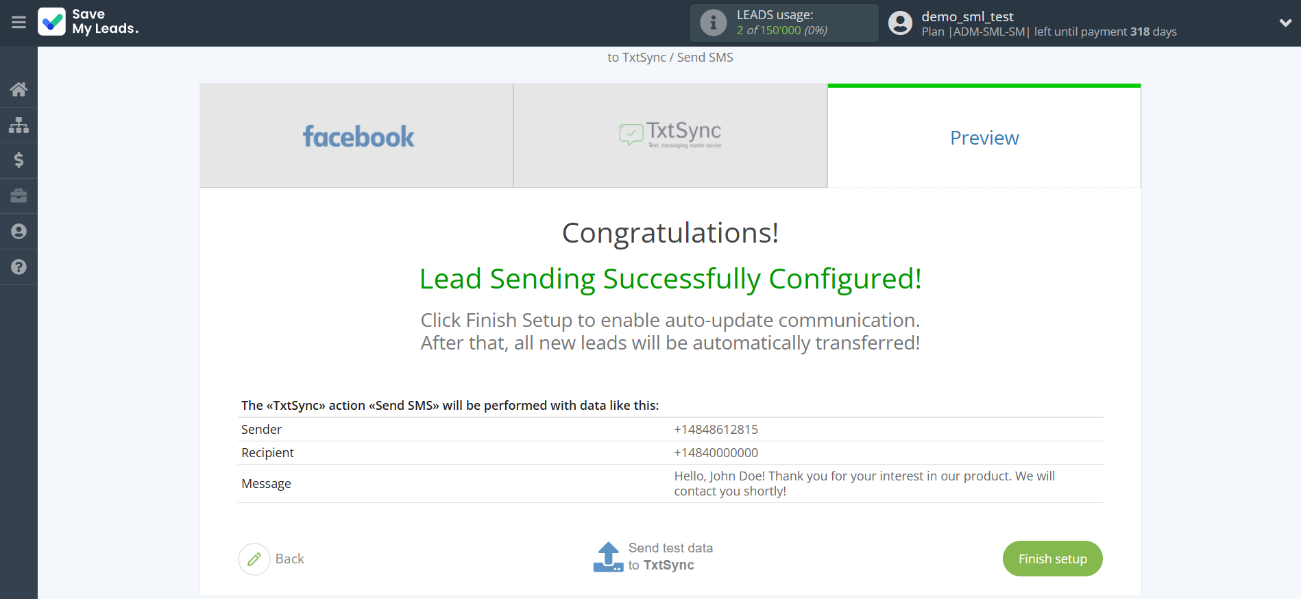 How to Connect Facebook with TxtSync | Test data