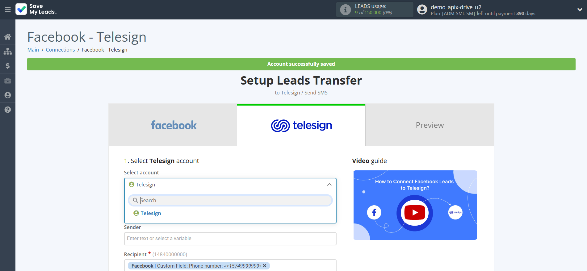 How to Connect Facebook with Telesign | Data Destination account selection