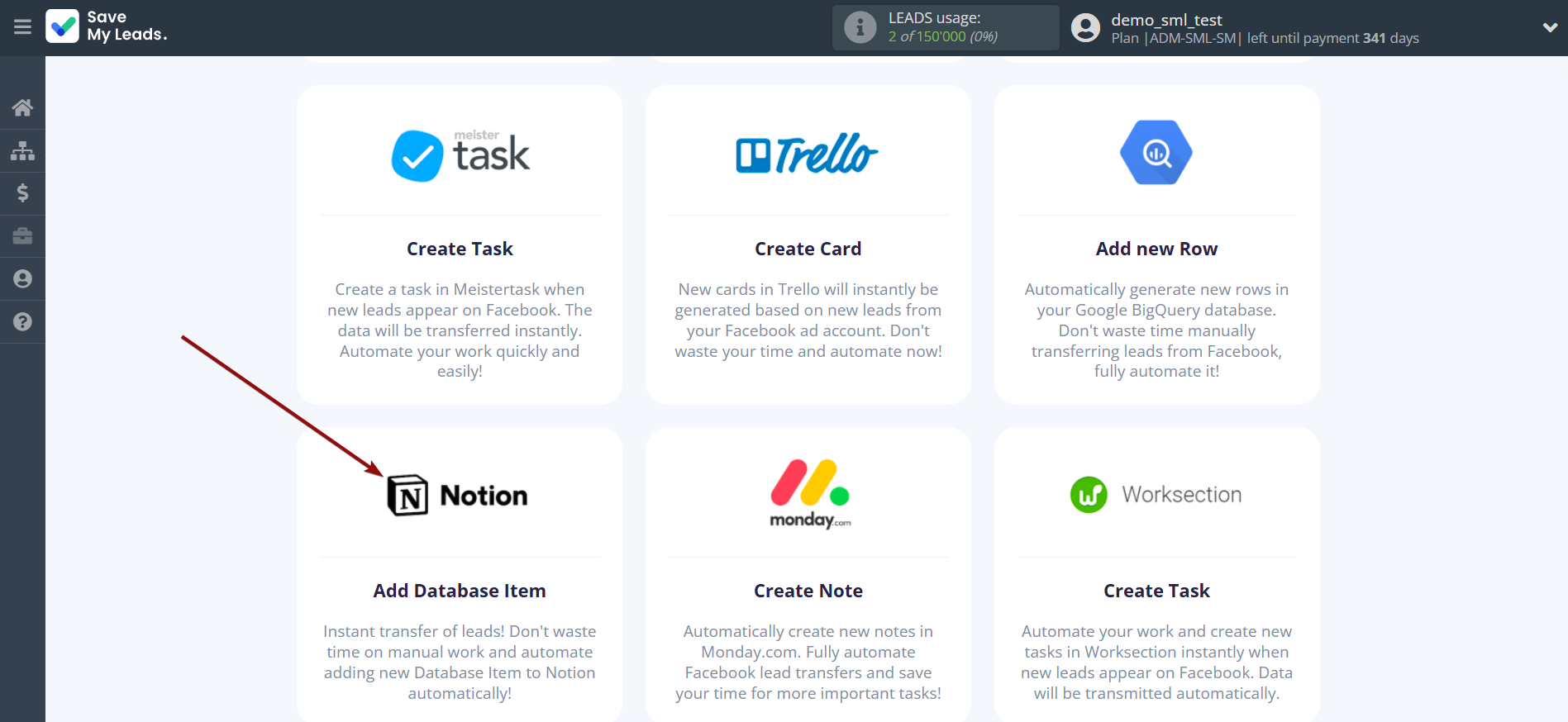How to Connect Facebook with Notion | Data Destination system selection