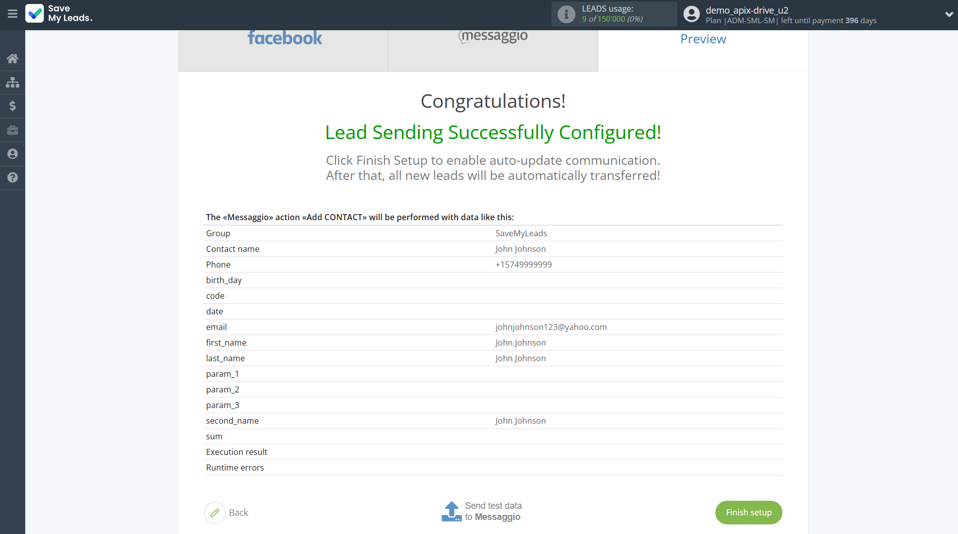 How to Connect Facebook with Messaggio | Test data