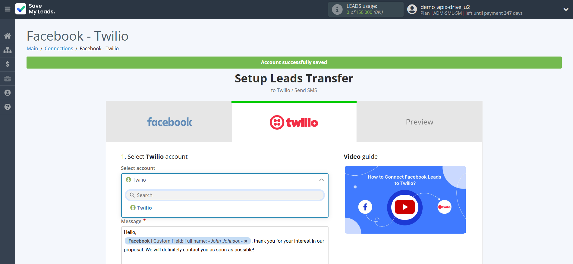 How to Connect Facebook with Twilio | Data Destination account selection How to Connect Facebook with Twilio | Data Destination account selection