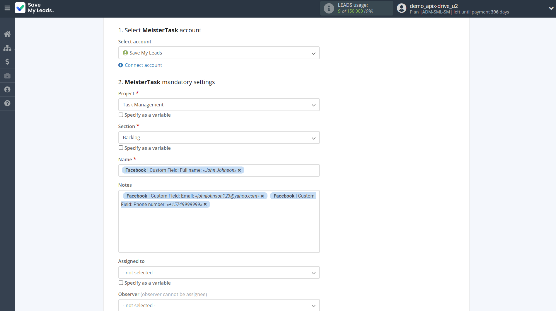 How to Connect Facebook with MeisterTask | Assigning fields