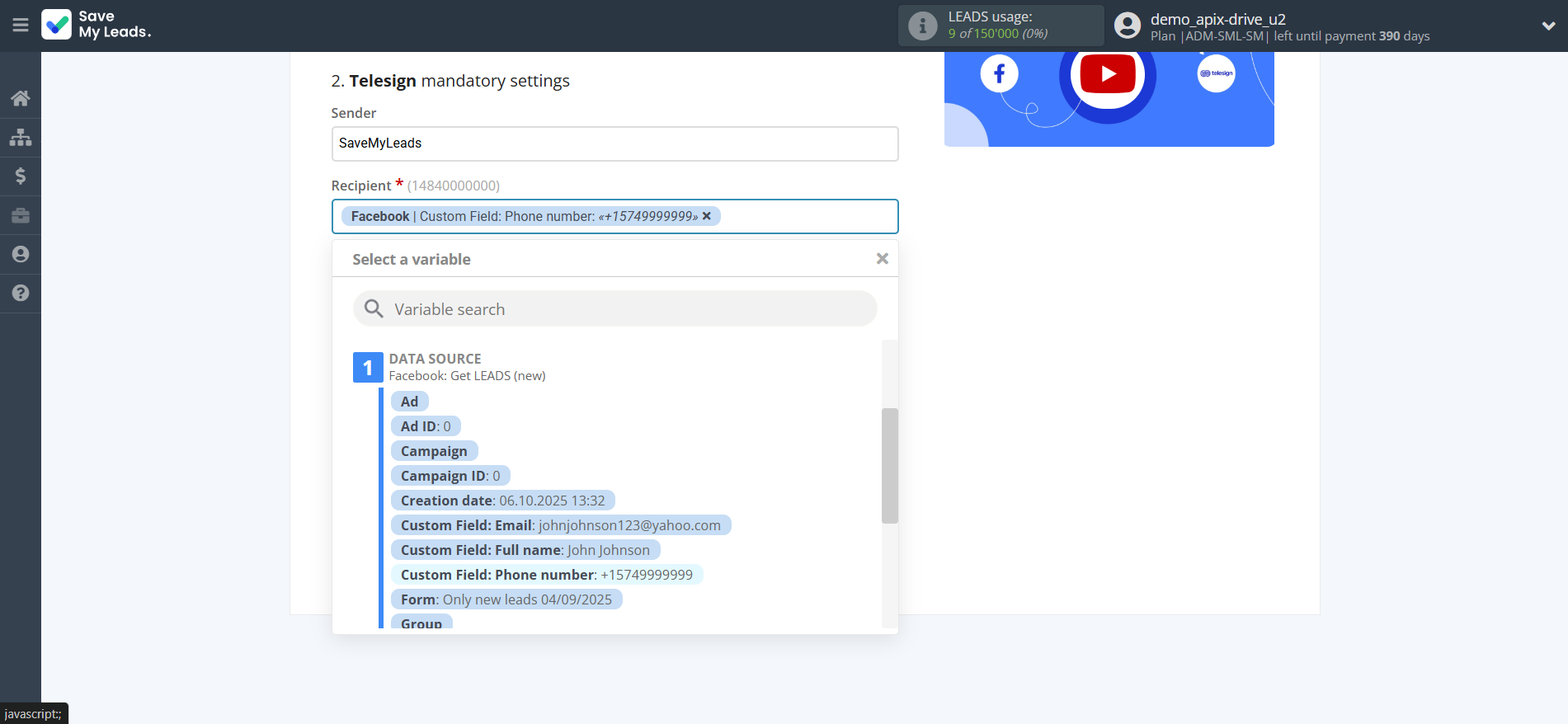 How to Connect Facebook with Telesign | Assigning fields