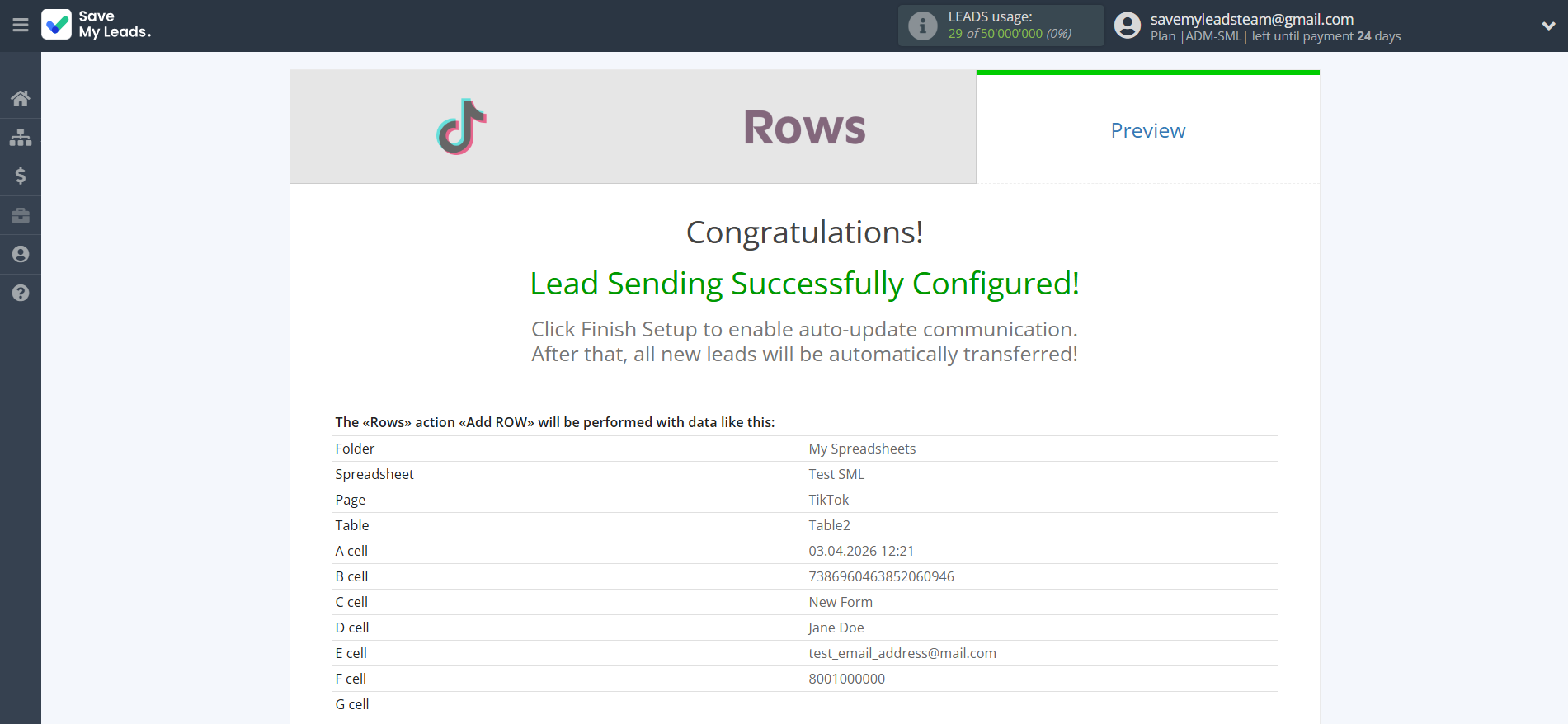 How to Connect TikTok with Rows Add Row | Test data