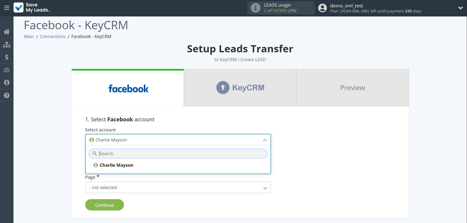 How to Connect Facebook with KeyCRM Create Lead | Data Source account selection