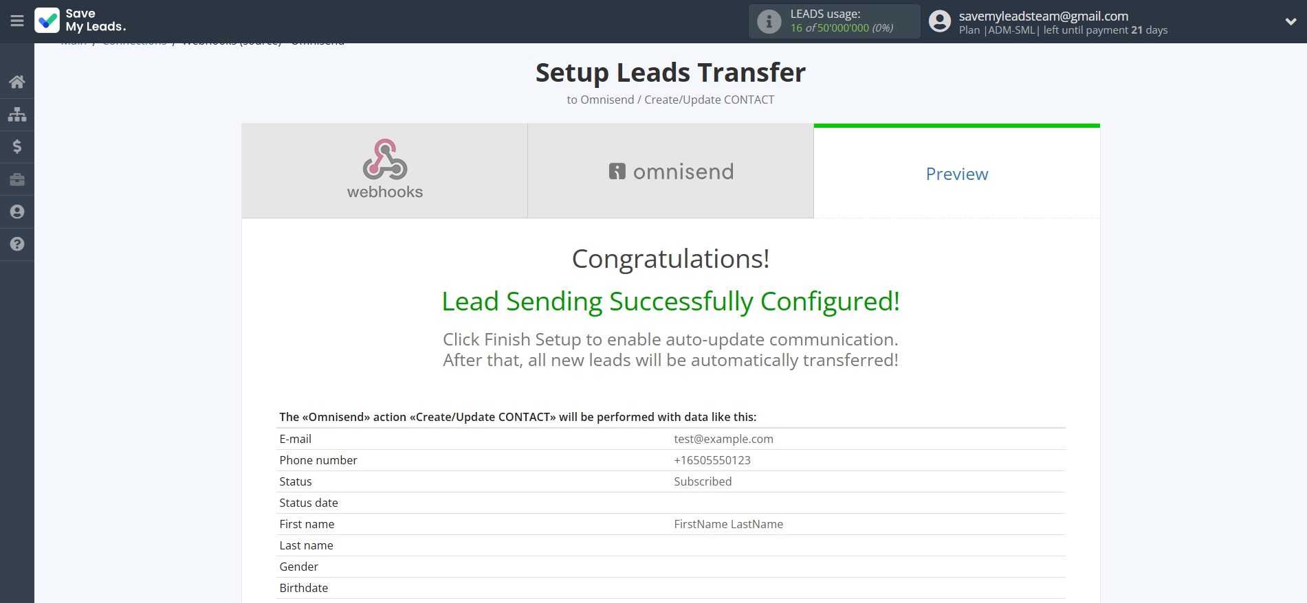 How to Connect Webhooks with Omnisend Create Contacts | Test data