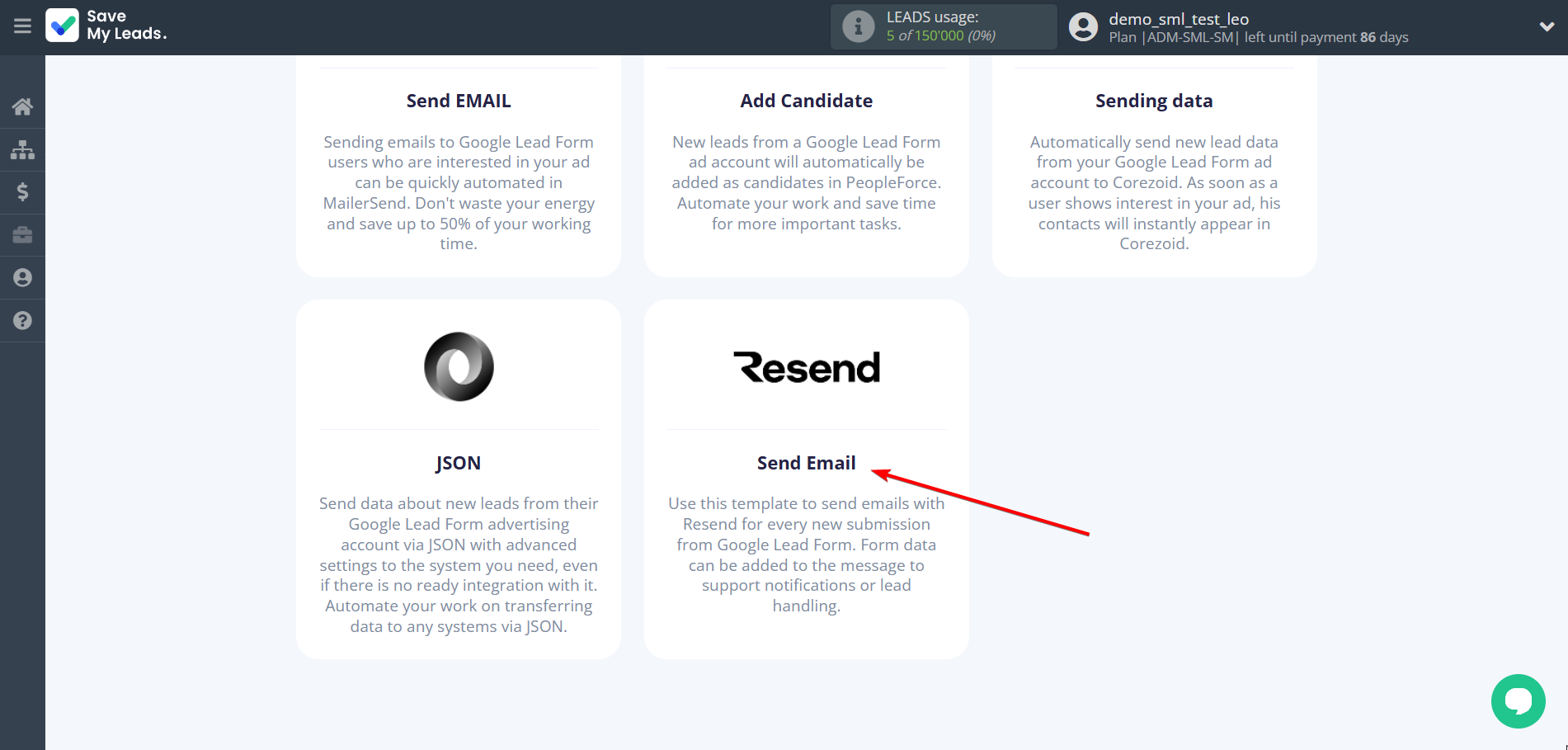 How to Connect Google Lead Form with Resend | Data Destination system selection
