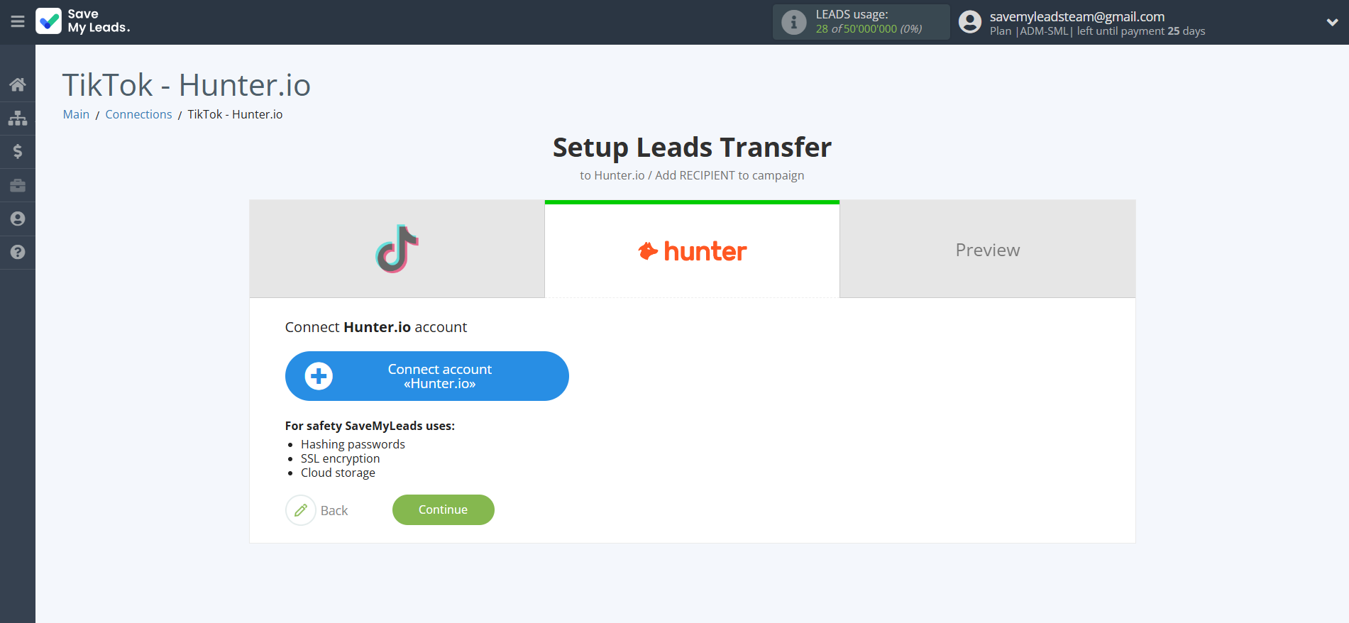 How to Connect TikTok with Hunter.io | Data Destination account connection