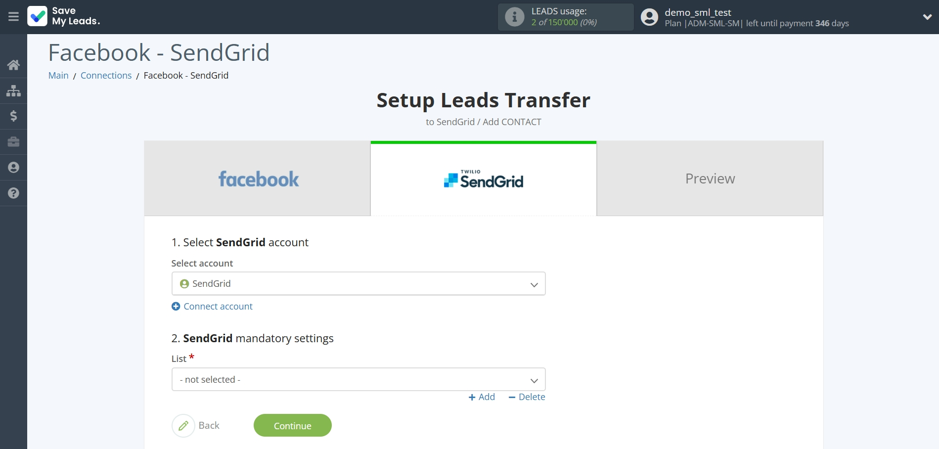 How to Connect Facebook with SendGrid | Data Destination account selection How to Connect Facebook with SendGrid | Data Destination account selection