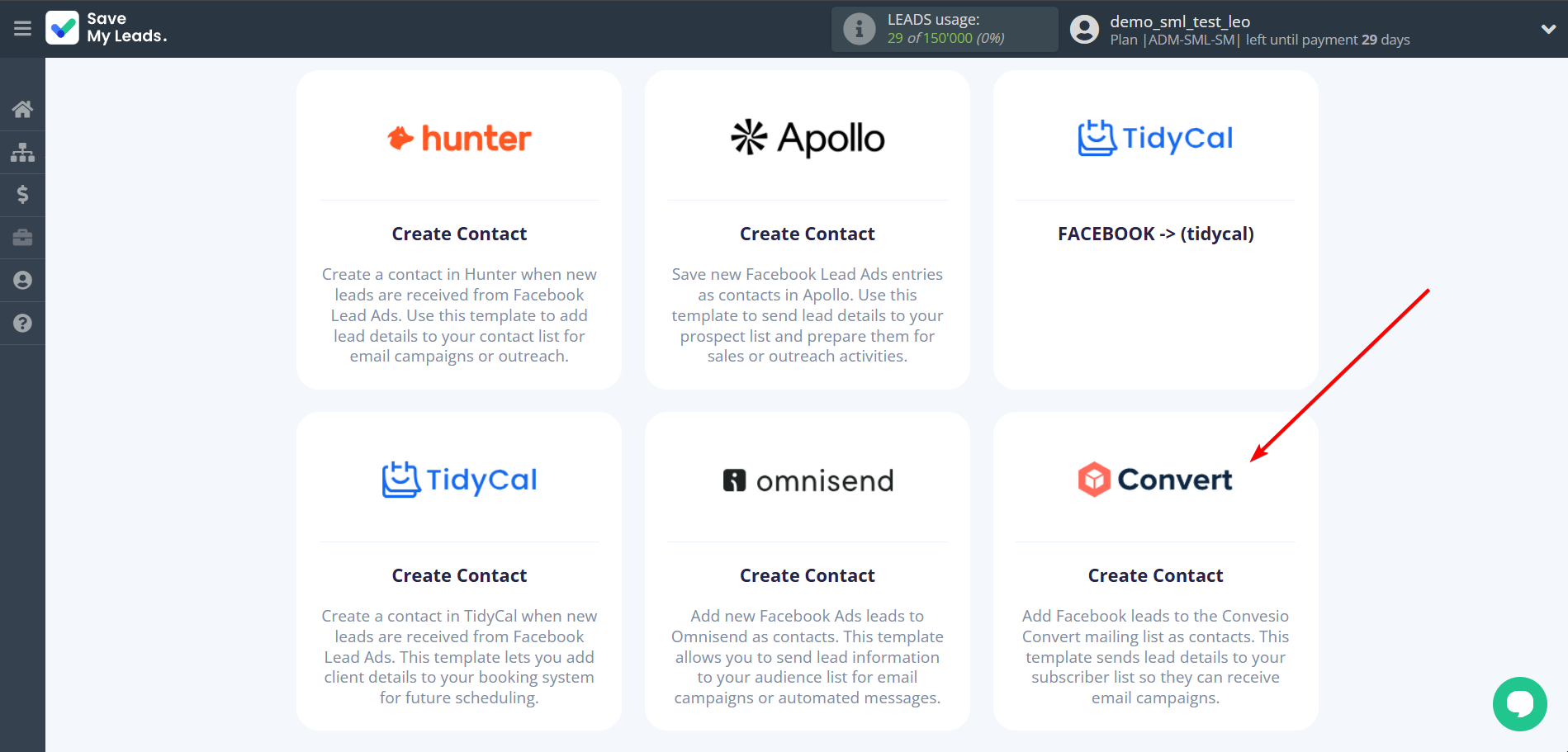 How to Connect Facebook with ConvesioConvert | Data Destination system selection