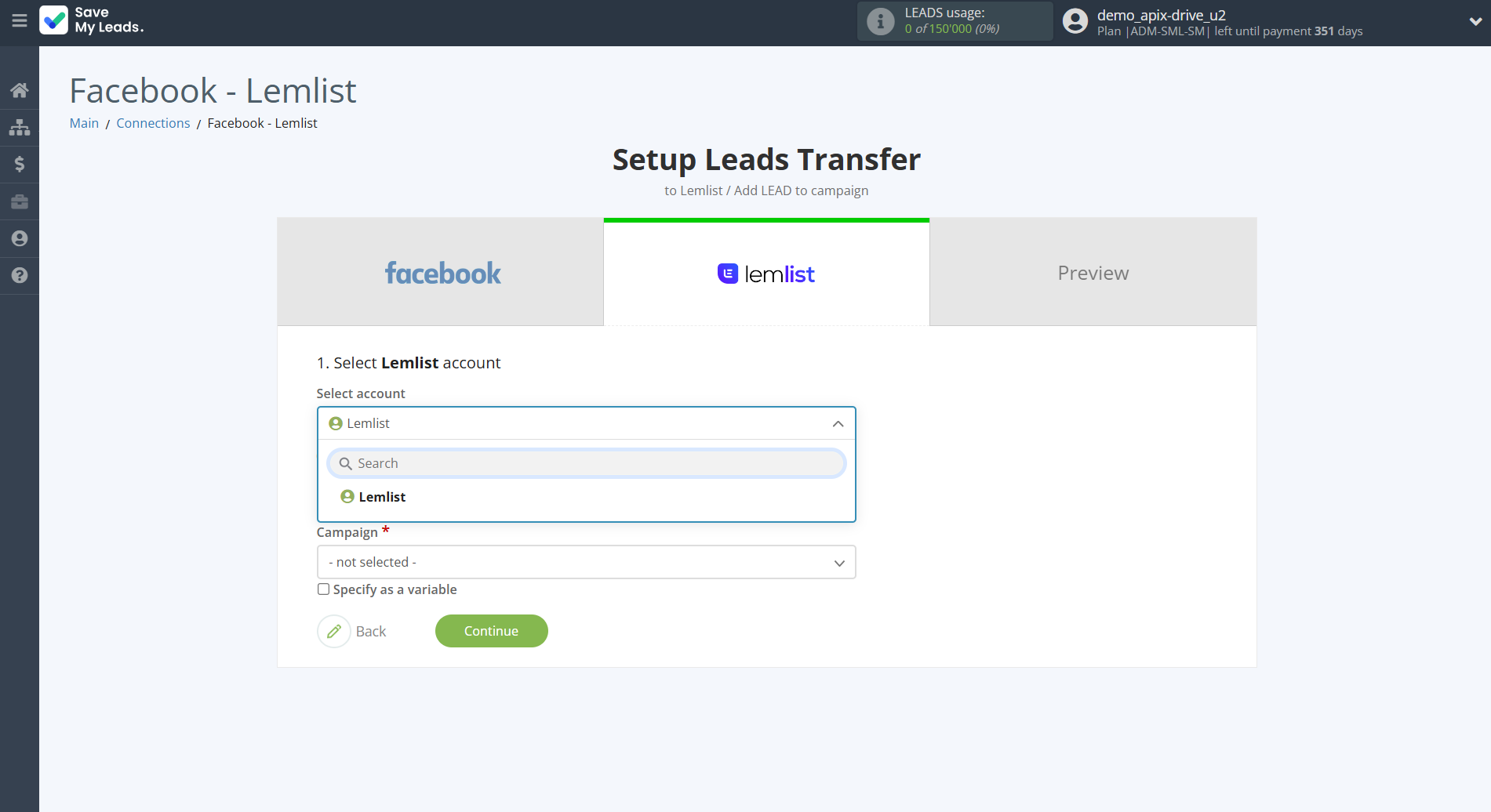 How to Connect Facebook with Lemlist | Data Destination account selection How to Connect Facebook with Lemlist | Data Destination account selection