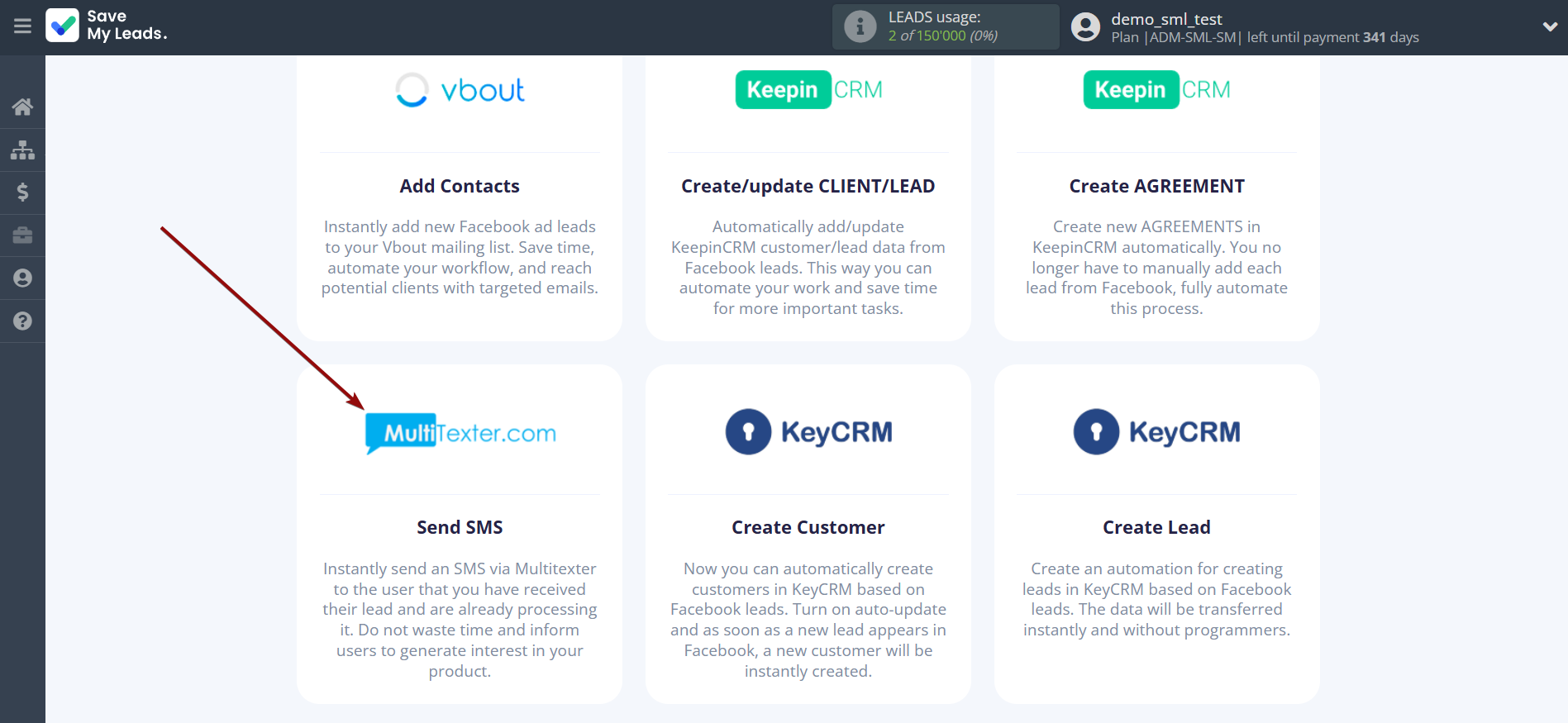How to Connect Facebook with Multitexter | Data Destination system selection