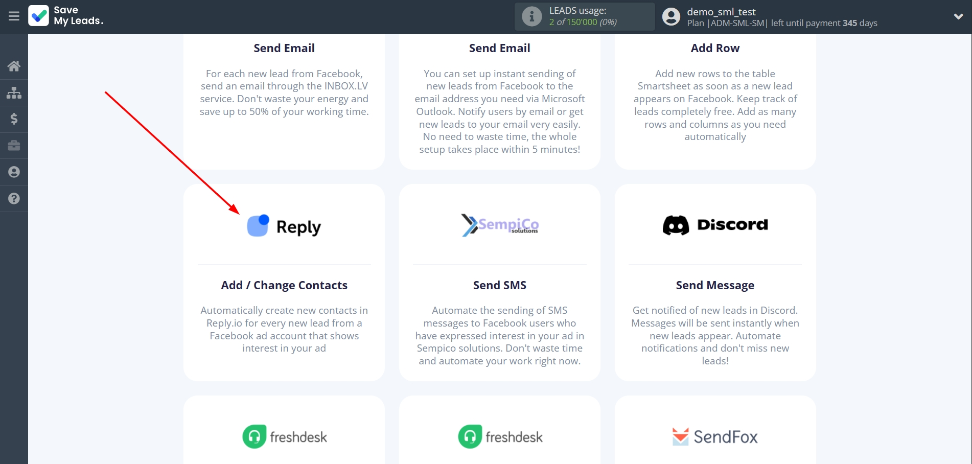 How to Connect Facebook with Reply.io | Data Destination system selection