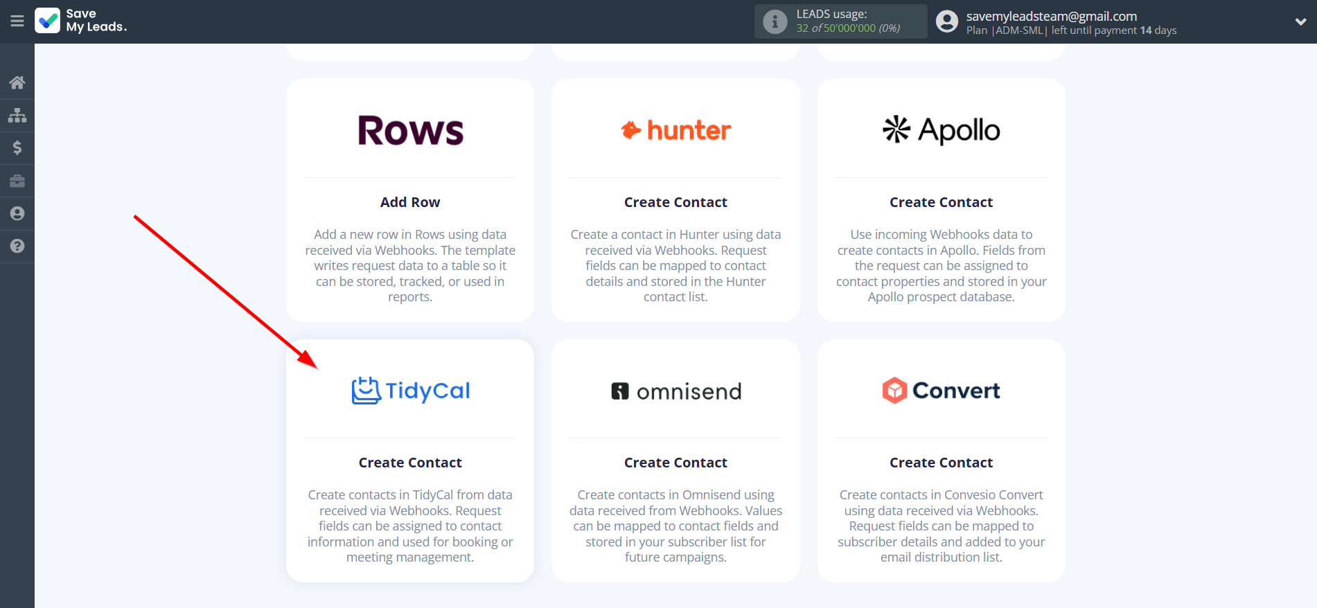 How to Connect Webhooks with TidyCal Create Contacts | Data Destination system selection